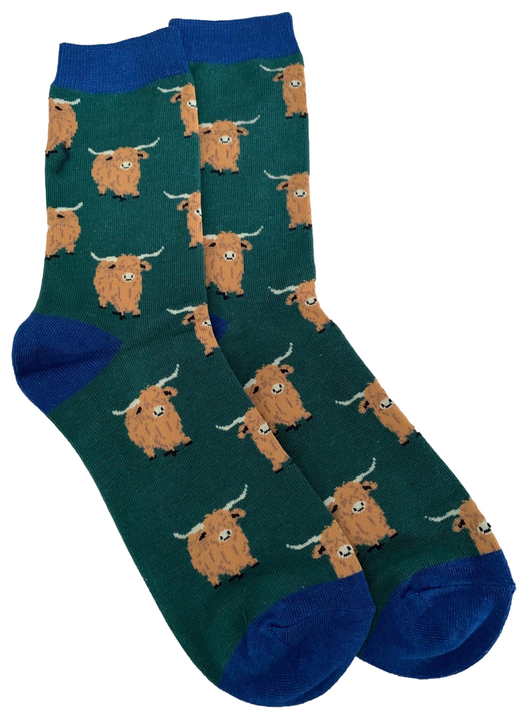 Purple Possum® Highland Cow Socks Mens Green Bamboo Blend Cattle Cows Gents Novelty Fun Socks 1 Pair Size 7-11