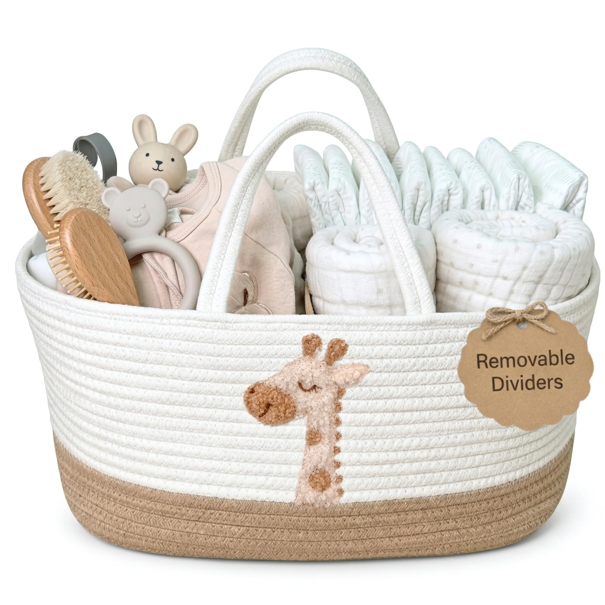 KEMINA BLANKETS Giraffe Diaper Caddy Organizer for Baby Cotton Rope Nursery Storage Basket 17"x10.5"x7" with Removable Dividers Portable Changing Table Organizer, Car Caddy, Baby Shower Basket - 2