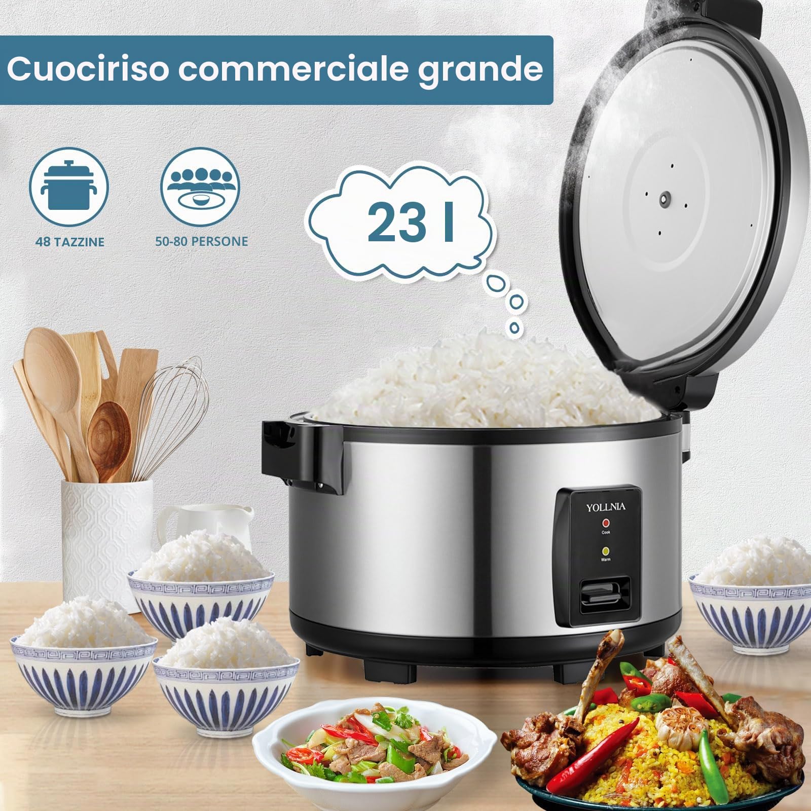Fornello di riso [23L Grande Capacità] Per 50-80 persone, antiaderente, senza bruciarlo, con funzione di mantenimento al caldo, 2500 W, Ciotola antiaderente rimovibile lavabile,acciaio