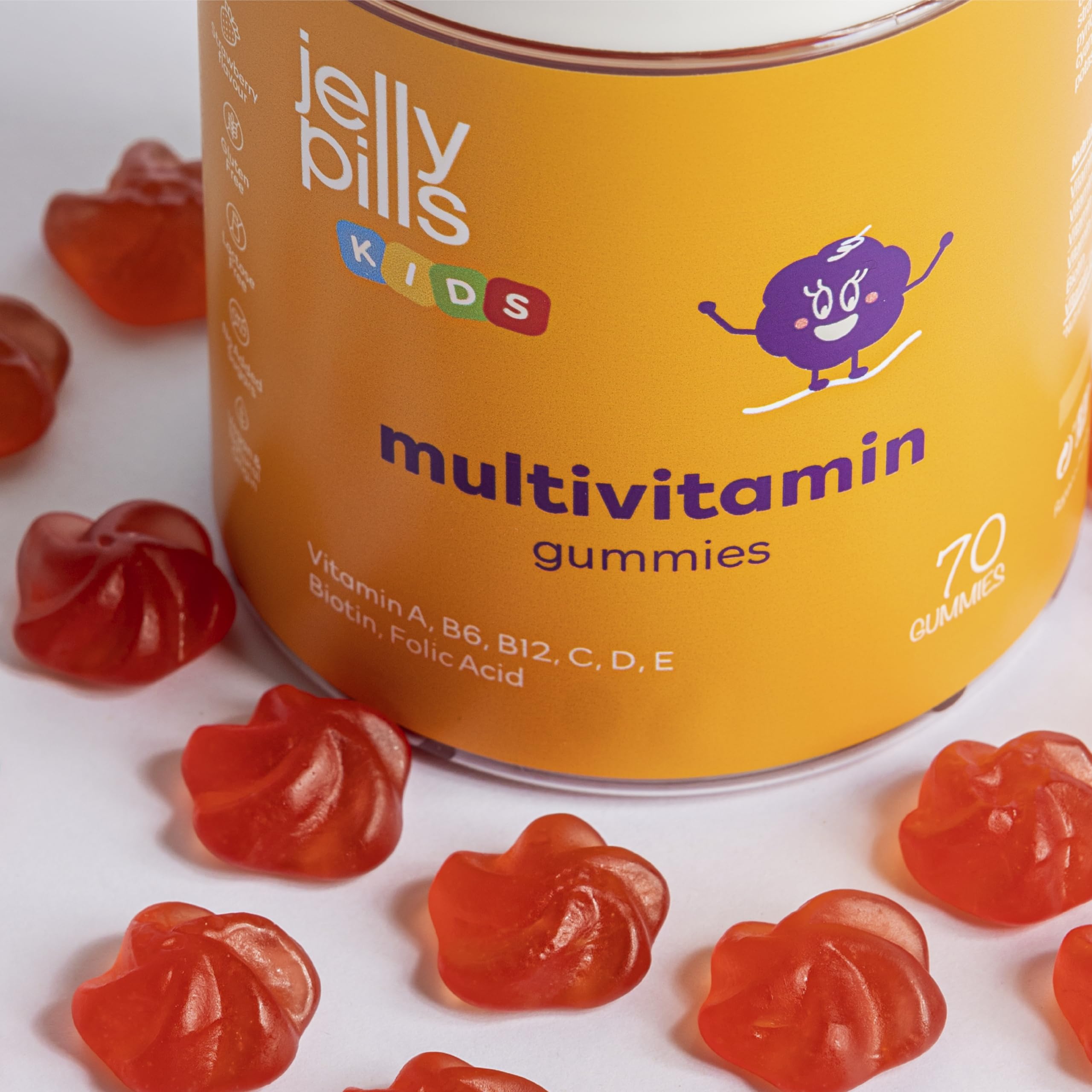 Jelly Pills Gummies Multivitaminées & Minéraux pour Enfants – 70 Gummies Véganes – Sans Sucres Ajoutés – Goût Fraise – A, B, C, D, E, Zinc, Biotine & Acide Folique