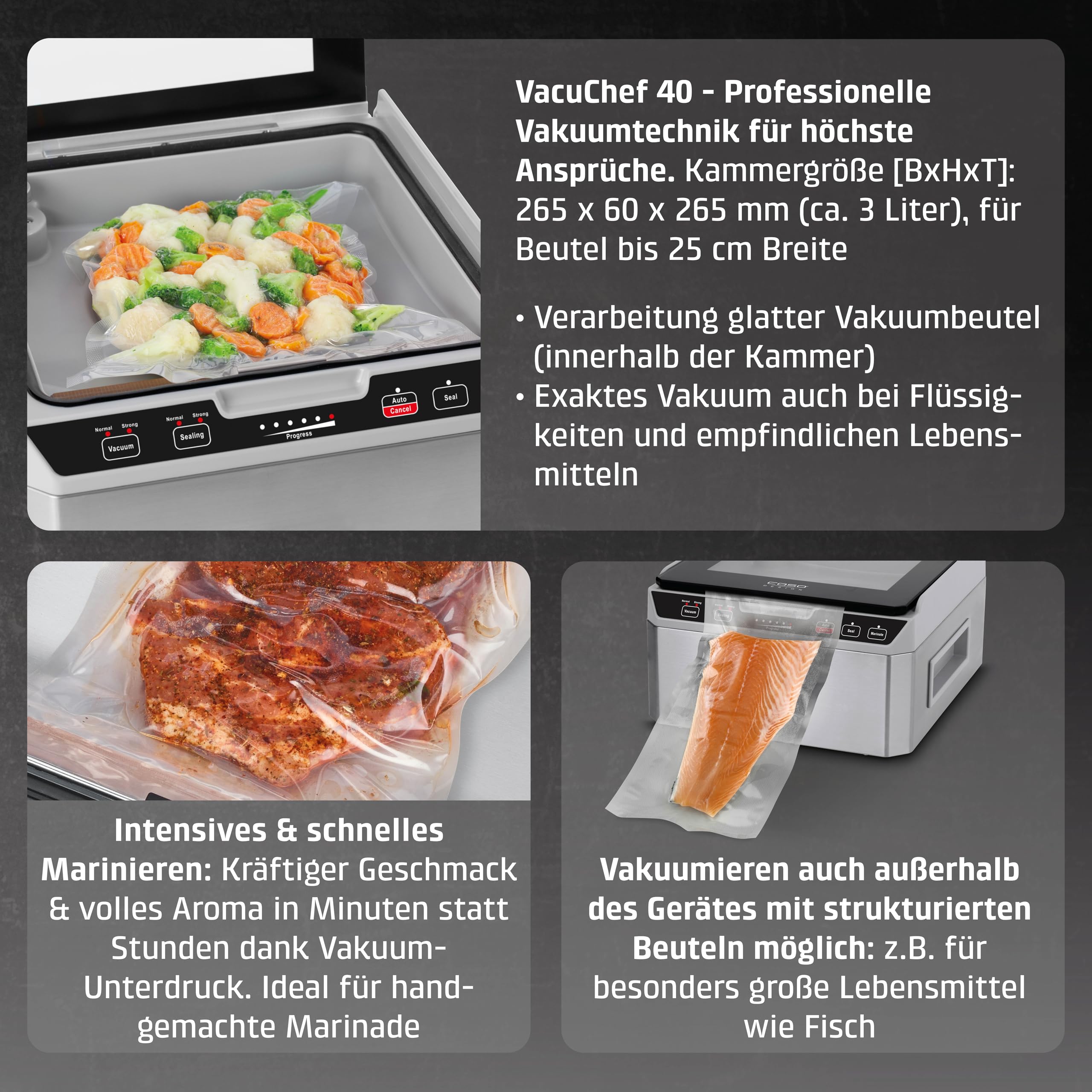 Caso VacuChef 40 - Kammervakuumierer Aus Edelstahl, 3L Vakuumkammer 70 Liter/Minute, Doppelte SchweiÃŸnaht, Einstellbare Vakuum- Und SchweiÃŸzeit, 1417