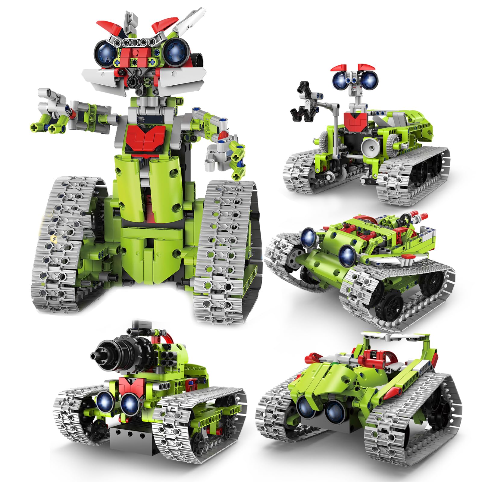 Kit di costruzione robot 5 in 1 per bambini, set di blocchi educativi STEM, robot da costruzione con telecomando e controllo tramite app/corridore tracciato/carro armato/bulldozer, giocattoli da