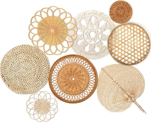 Juego de 8 cestas de pared bohemias con forma de flor, decoración de pared de ratán redondo y plano, decoración de pared de bambú hueca, cesta