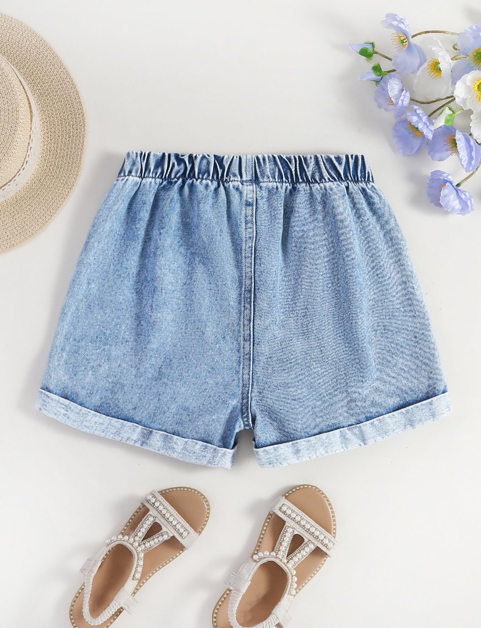 Happy Cherry Pantalones cortos de mezclilla de algodón elástico de cintura alta para niña, pantalones cortos de verano casuales con bolsillos para niños de 8 a 12 años