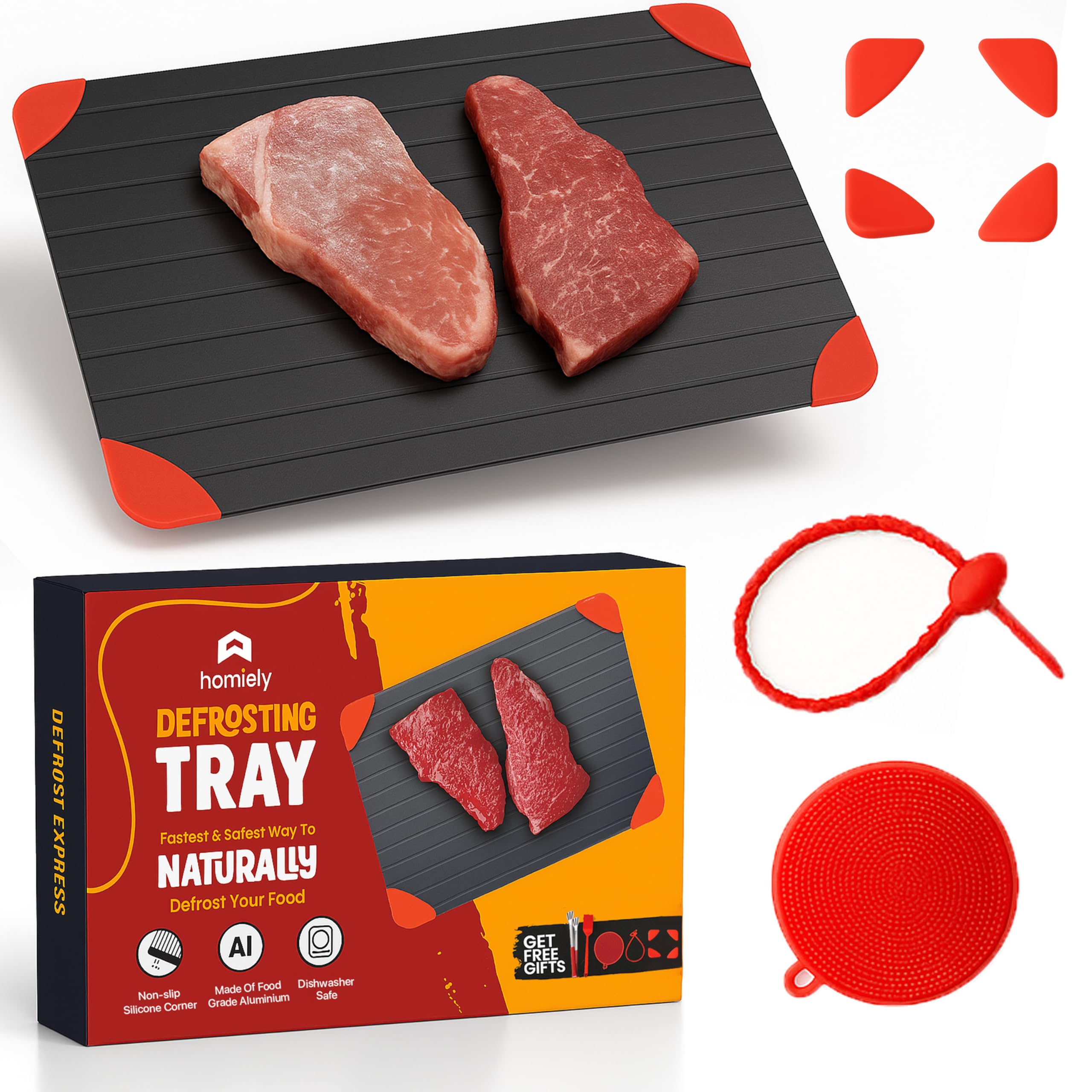 Homiely Black/Red Defrosting Tray - Thawing Tray Defrosting Board And Plate For Frozen Meat, Defrost Tray Rapid, Thaw Plate (Silicone Hanging Loop, Silicone Scrubber, Basting Brush, Stainless Steel Tong)
