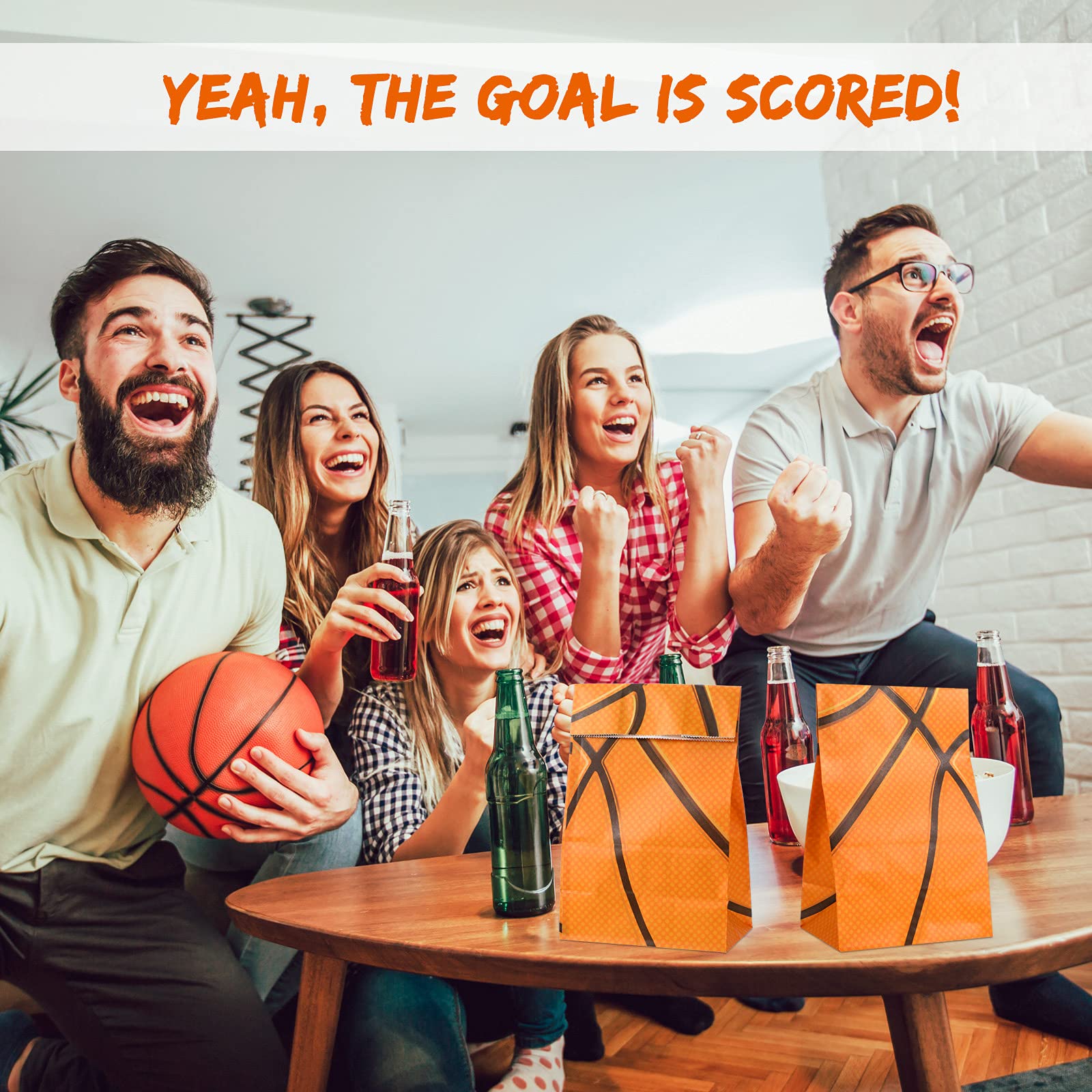 Outus 30 Pcs Basketball Gift Bags Basketball Goodie Bags Bulk Treat Snacks Candy Biscuits Toys Gift Kraft Supplies for Team Teen Adult Sport Ball Theme Birthday Present Party(Orange)