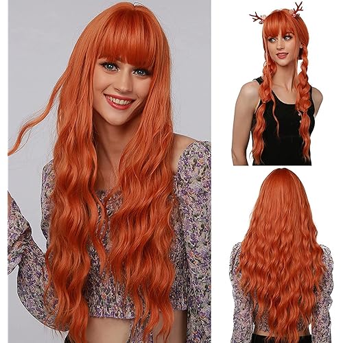Esmee 27 Inches Ginger Orange Wig with Bangs Natural Synthetic Hair Long Curly Wigs for Women Daily Party Wedding, Dating, Cosplay Wear Ginger Orange