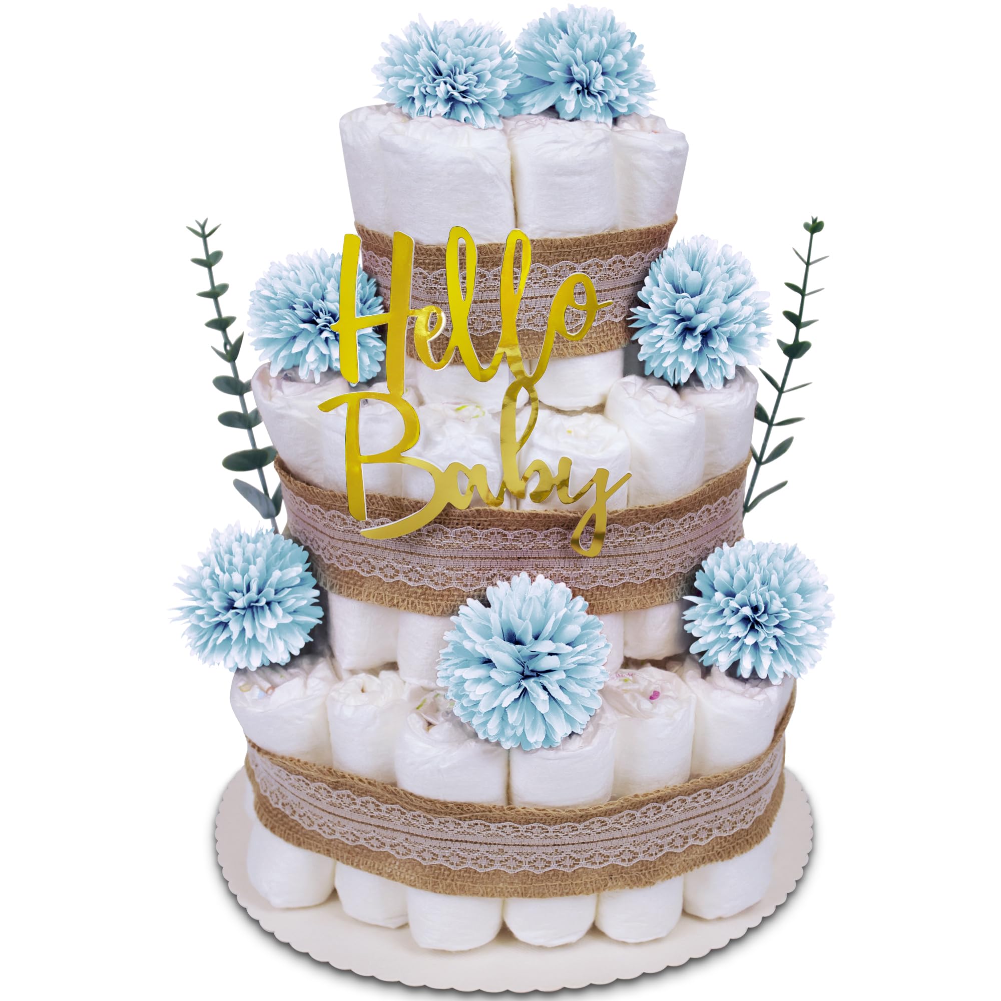 MilaBoo® 3-stöckige Windeltorte Vintage Eukalyptus blau I hochwertiges Neugeborenen Geschenk mit Windeln (3-stöckig blau)