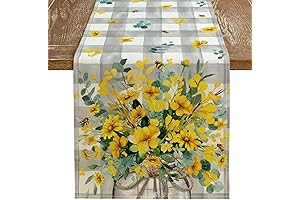ARKENY Spring Summer Table Runner 13x72 Inches, Yellow Flower Bee Eucalyptus Spring Tablecloths