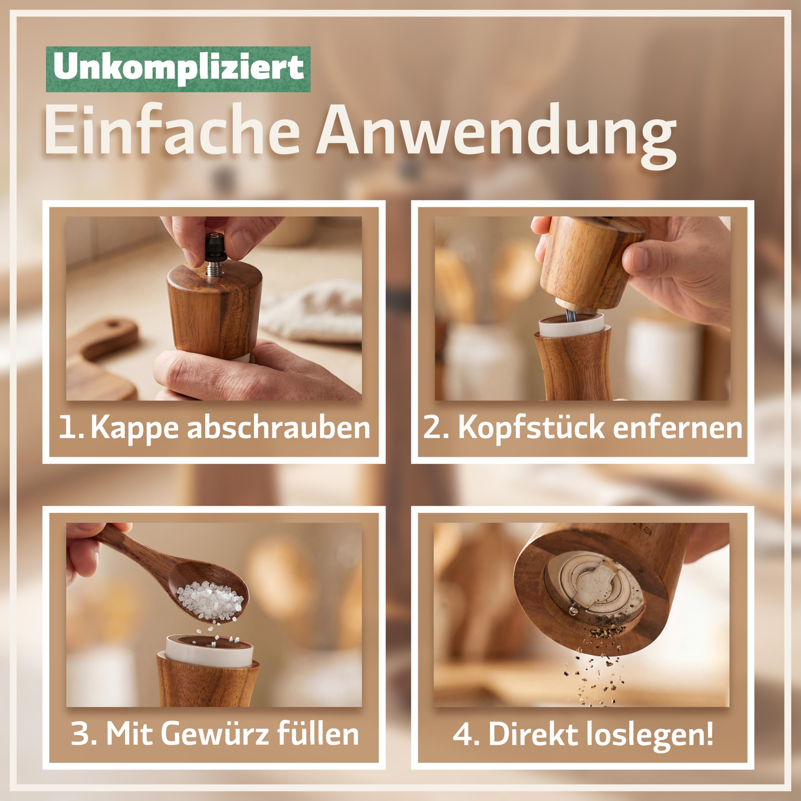BAMBUNA 2er-Set Gewürzmühlen | Akazienholz | Keramikmahlwerk | einstellbarer Mahlgrad grob bis fein | manuelle Pfeffermühle und Salzmühle mit Edelstahlkern | inkl. Untersetzer, Holzlöffel, Rezeptbuch