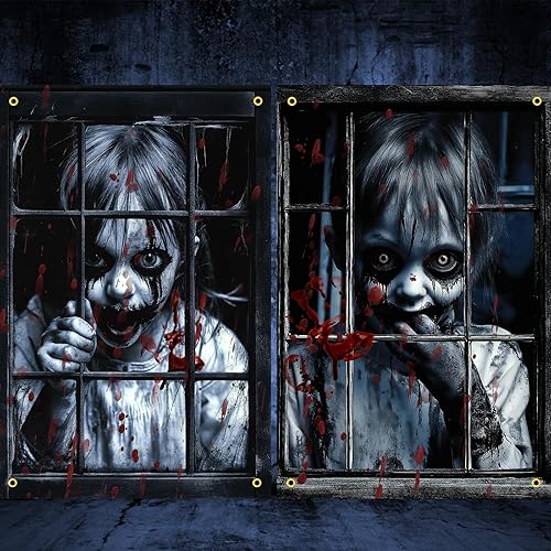 2 piezas de decoración de ventana de Halloween aterradora, cubierta de ventana de silueta fantasma con efectos sangrientos, cortina de casa