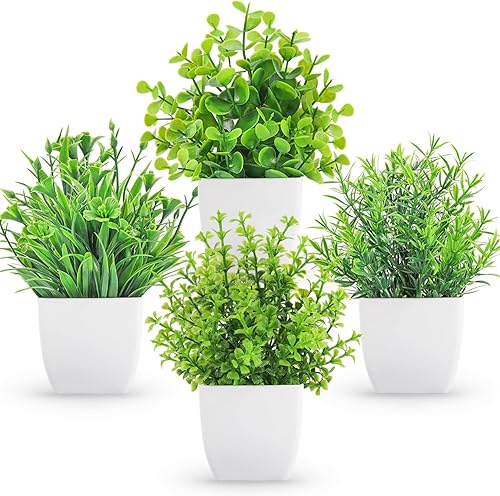 ZJIA 4 paquetes de plantas artificiales pequeñas en macetas para decoración del hogar dormitorio baño granja cocina interior