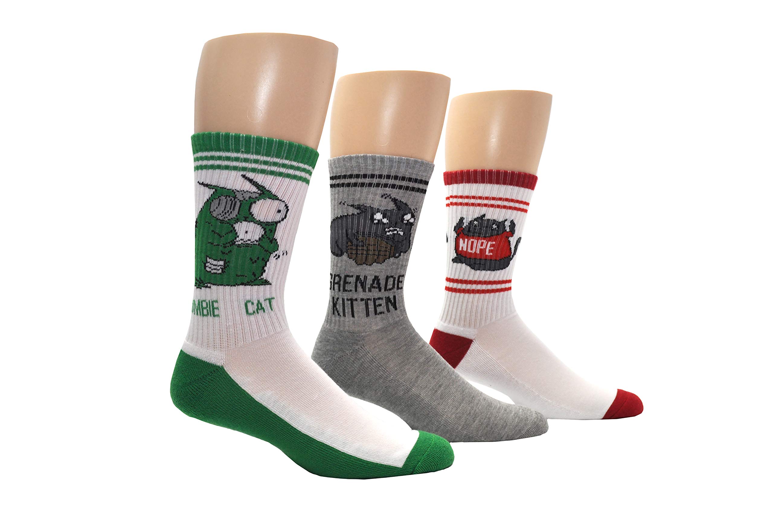 Everything LegwearExploding Kittens Athletic Crew Socks (3 Pair) - Grenade Kitten, Zombie Cat, Nope Cat - Fits Mens Shoe Size 9-13