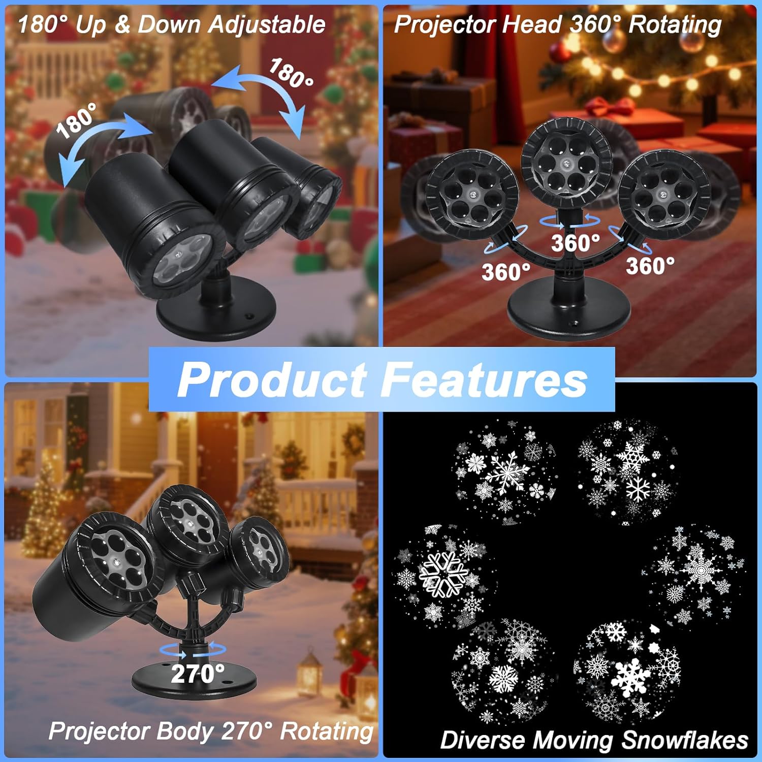 Snowflake Christmas Projector Lights Outdoor, Timer Triple Head Snowflake Projector Light, Waterproof LED Rotating Snowfall Projection Light for Holiday Party Outdoor Christmas Decoration