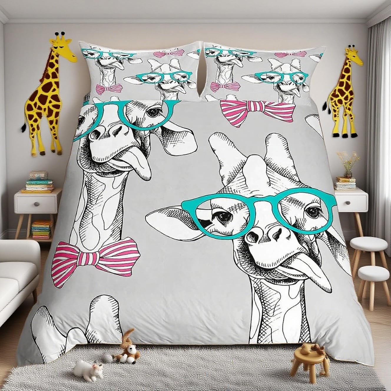 Loussiesd Giraffe Bedding Setfor Girls Girly Cute Animals Duvet Cover,Lovely Bow Deer Comforter Cover Child Kids Bedroom Quilt Cover Ultra Soft Microfiber Funny Gift Decor 2 Pcs Junior/Cot Bed