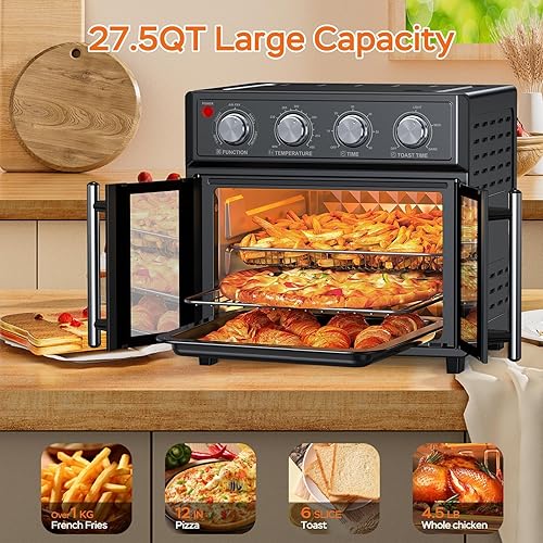 Miniatura 7 de PlumChef - Horno tostador de convección extra grande de 27.5 cuartos de galón, 6 rebanadas, puerta francesa, 1700 W, horno multifunción para