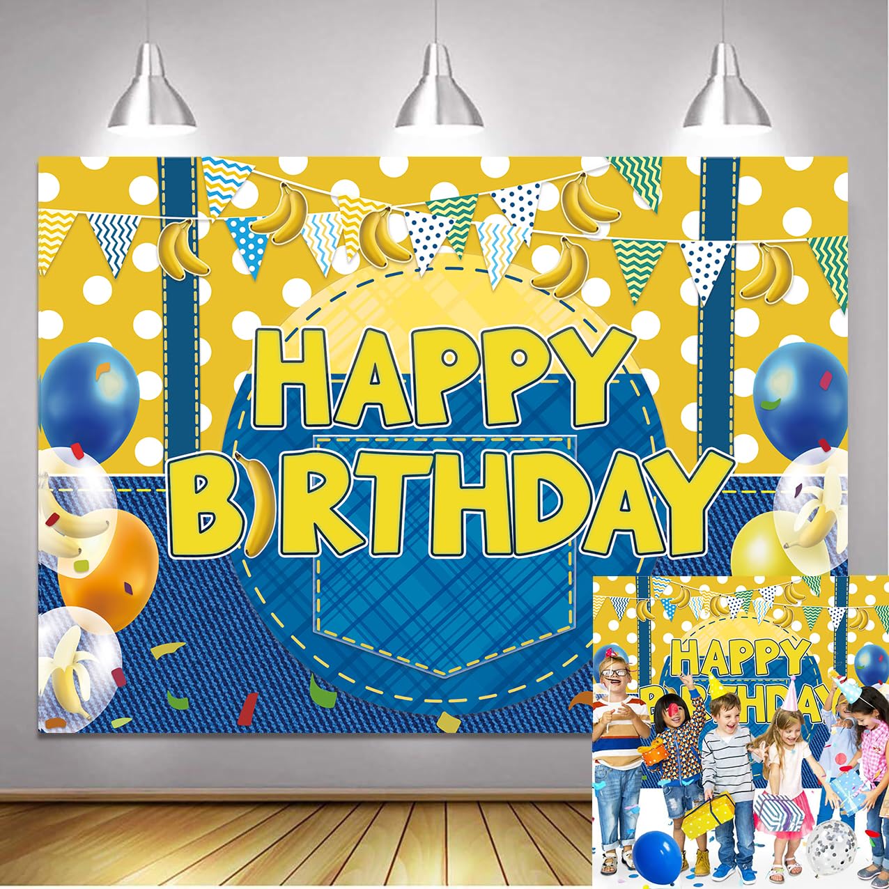 Yellow Cartoon Theme Happy Birthday Backdrop Cowboy Banana Balloon Photo Background for Boys Girls Birthday Party Cake Table Banner (5x3 FT)