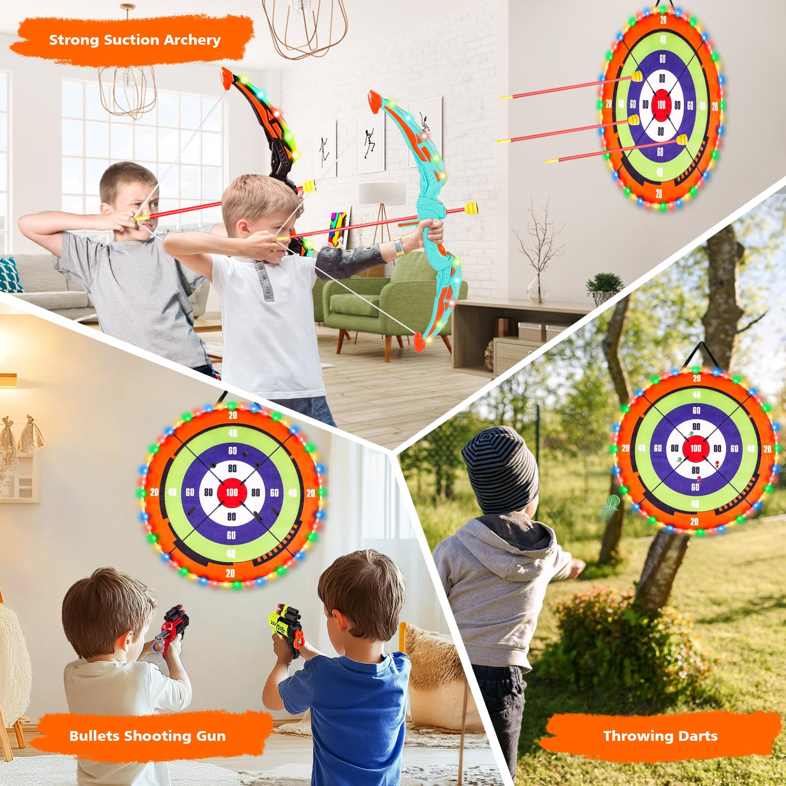 Set di Arco e Frecce per Bambini, Set di tiro con Arco a LED con Grande Bersaglio per Bambini. Include 10 frecce adesive, faretra, 10 proiettili in Velcro, 6 Freccette, ECC.