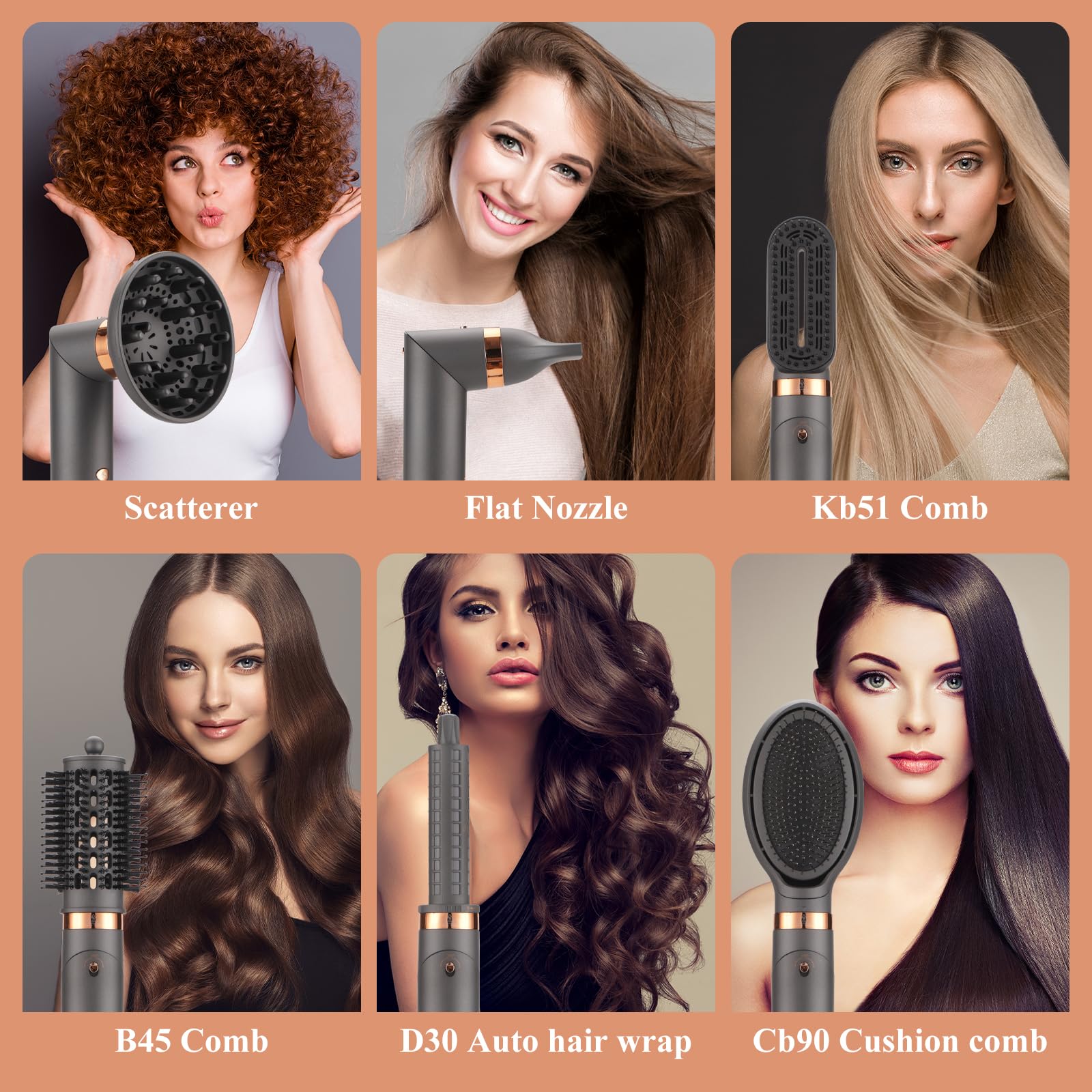 BESTBOMG Air Styler 6 in 1 Hairstyler Haartrockner Heißluftbürste, Lockenstab Multistyler Glättbürste Heißluft-Styler Styling und Trocknungssystem, Warmluftbürste Automatisch mit Aufsätzen