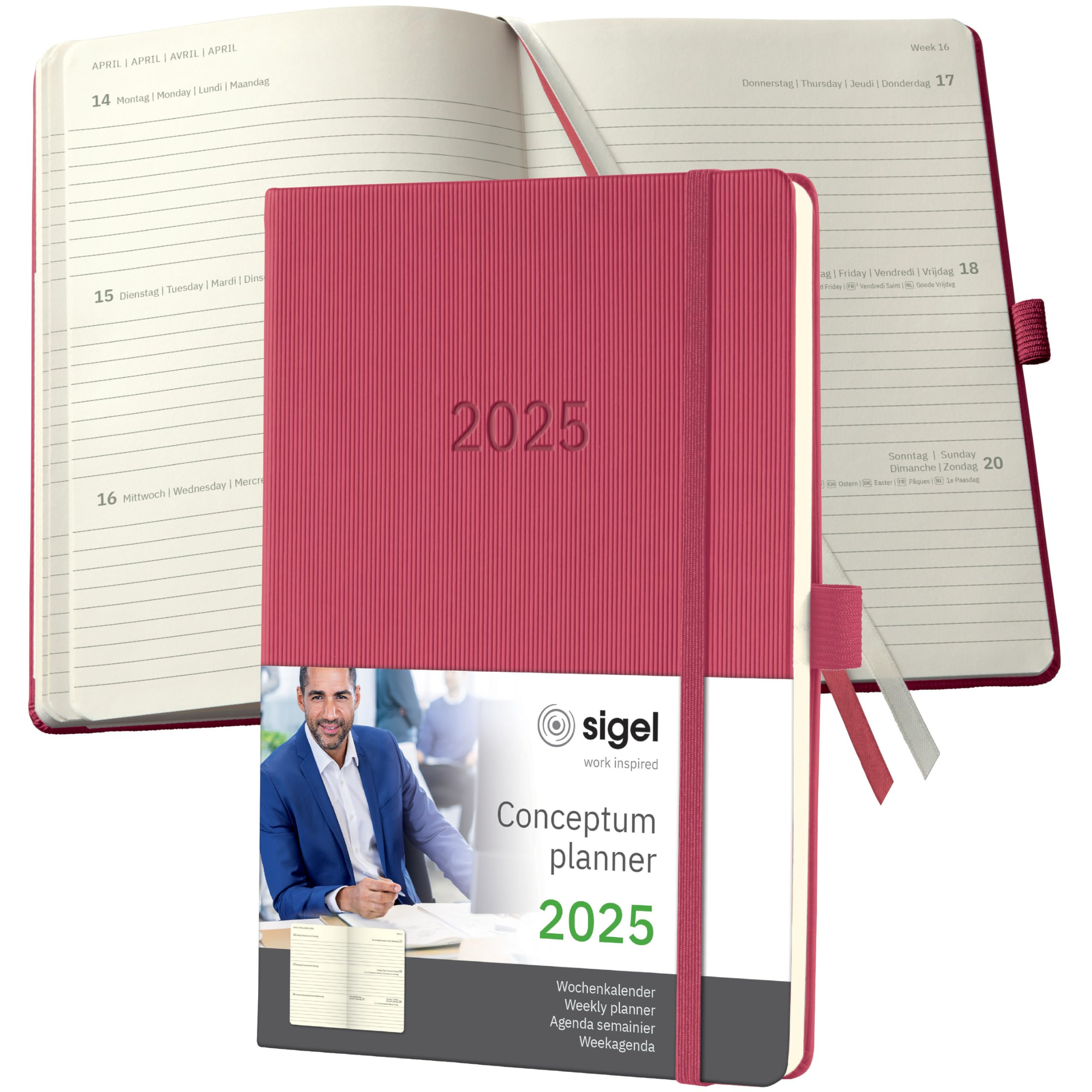 SIGEL C2570 Conceptum Weekly Planner 2025, Approx. A5, red, hardcover, 2 Pages = 1 Week, 192 Pages