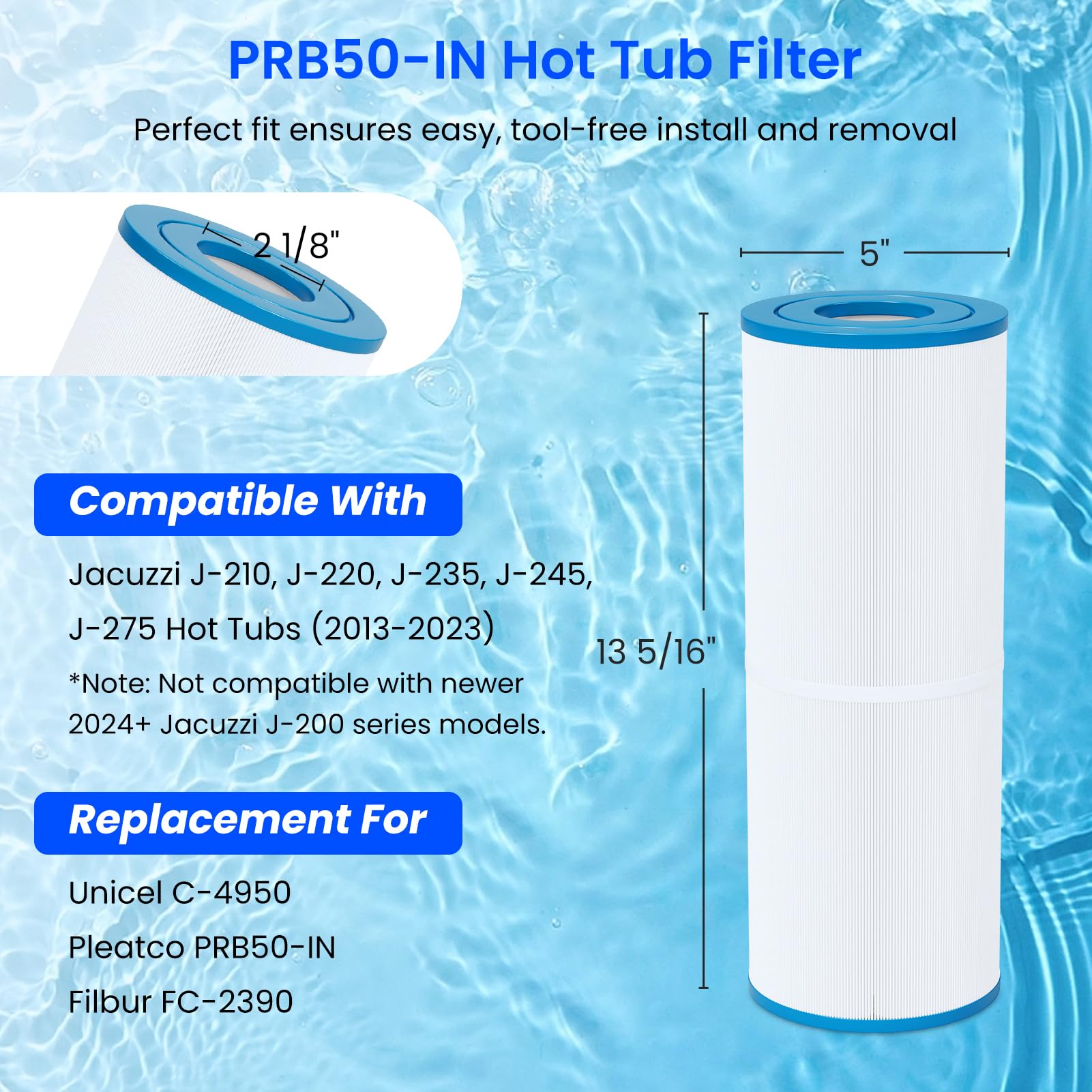 Future Way PRB50-IN - Filtro de Repuesto para bañera de hidromasaje Jacuzzi J210/J220/J235/J245/J275, Unicel C-4950, Filbur FC-2390, Pleatco PRB50-IN, Filtro de SPA de 5 x 13, 50 pies Cuadrados,