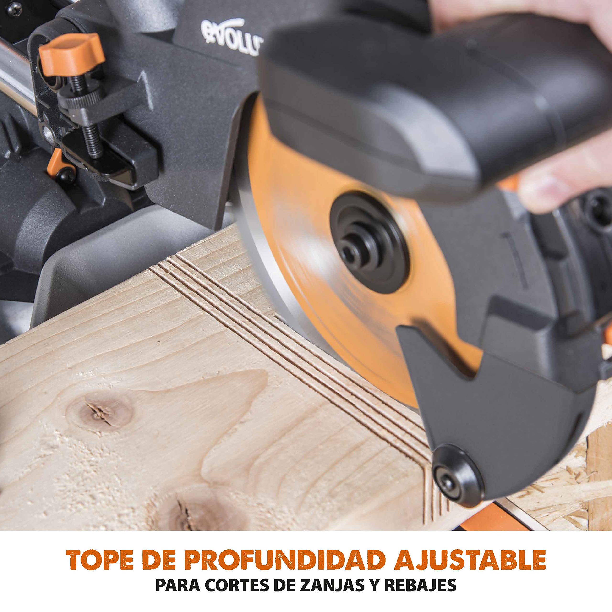 Evolution Power Tools - R210SMS-300+ Ingletadora deslizante multimaterial de 210 mm (230 V), con paquete plus, Corta acero dulce, aluminio, plástico, madera con clavos incrustados