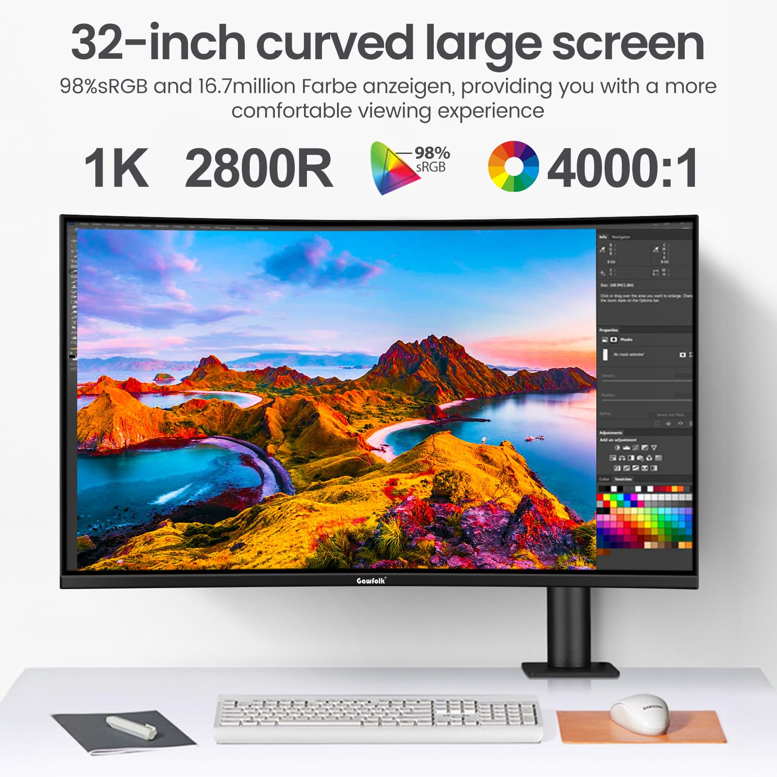 Gawfolk Monitor PC 32 pollici 75Hz, schermo PC curvo Full HD 1080P, monitor computer 2800R senza cornice con tecnologia Eye Care, HDMI VGA, supporta VESA