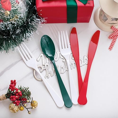 Miniatura 4 de Supernal 180 cubiertos de plástico de Navidad, suministros de fiesta de Navidad, cubiertos de plástico de color pesado que incluye 60 cuchillos