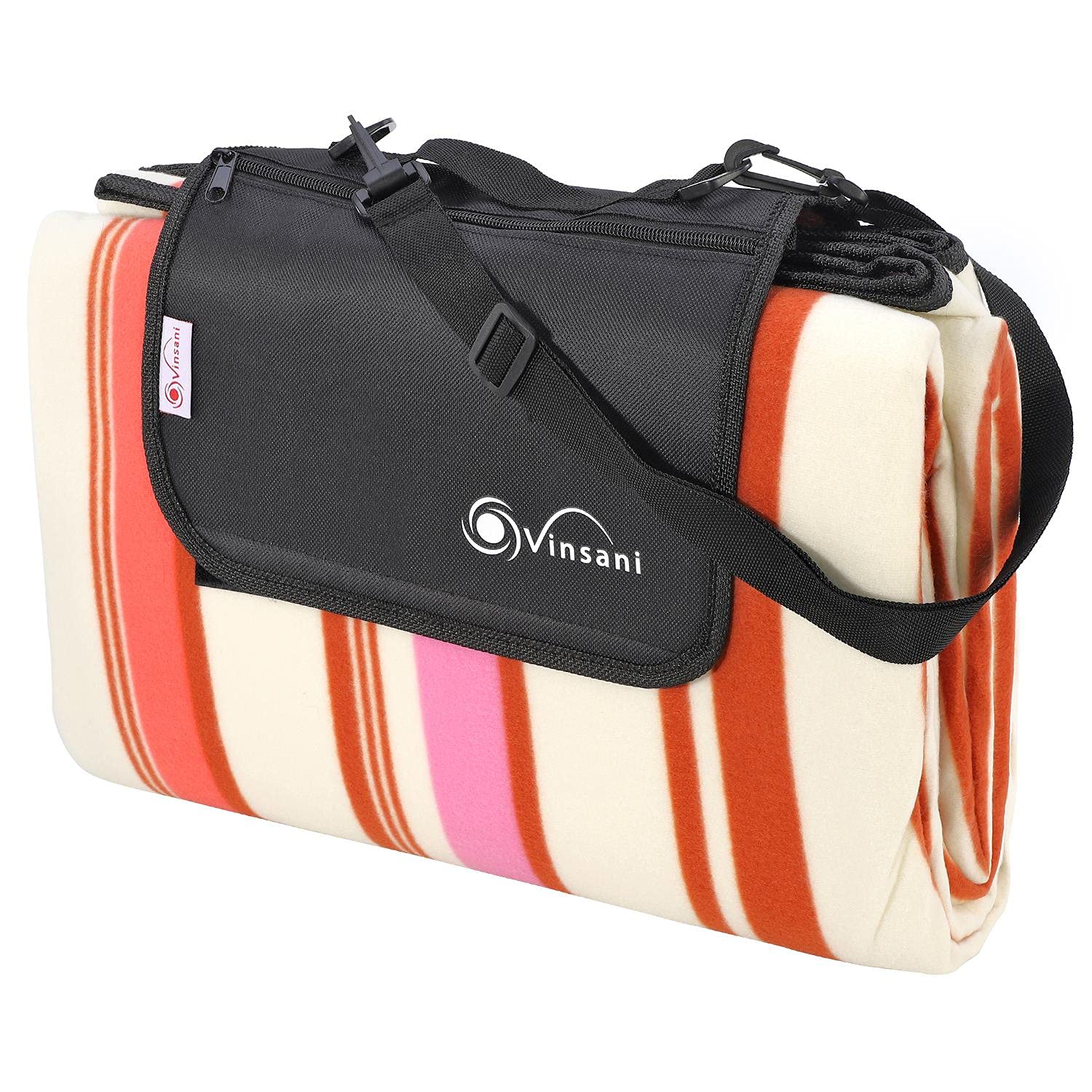 Vinsani Foldable Picnic Blanket 220 x 200 cm - Anti-Slip, Durable Waterproof & Sand Proof Outdoor Rug Mat for Camping, Beach, Hiking, Park & Garden, Easy to Carry, Machine Washable | Pink Stripe
