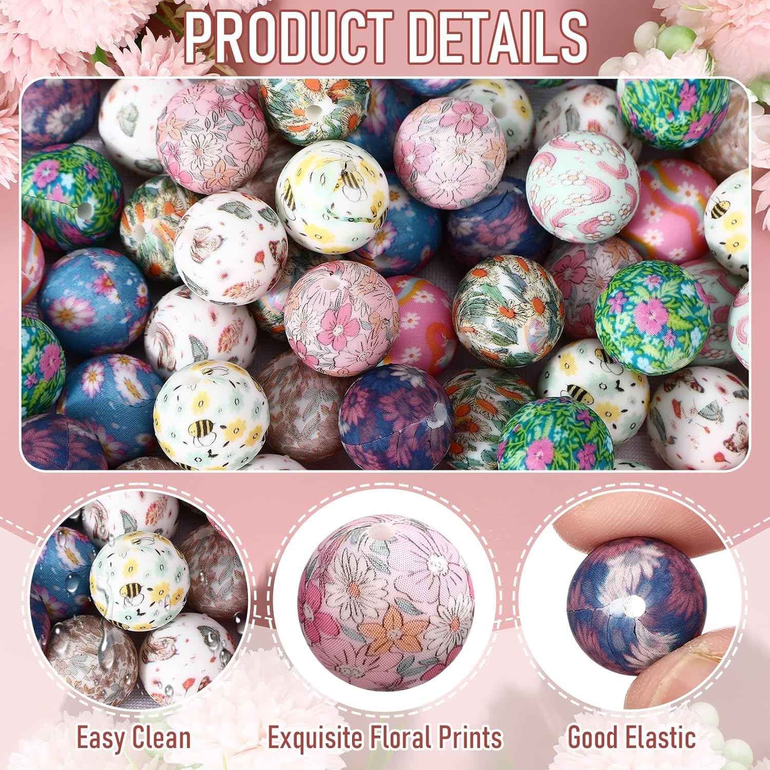 60 Pcs 15mm Silicone Beads Bulk Spring Ditsy Floral Print Round Focal Beads Rubber DIY Silicone Loose Bead for Bracelet Making Kit for Keychain Pens Necklace Bracelets Jewelry Making - Image 6