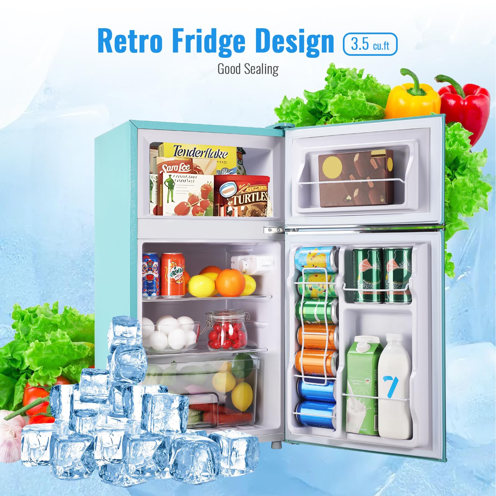 WANAI 3.5 Cu.Ft Retro Mini Fridge With Freezer Small Retro Dual Door Refrigerator Freestanding Compact Refrigerator With Freezer 2 Door Mini Fridge For Bedroom, Dorm, Office Blue on Fridge.com - View 2