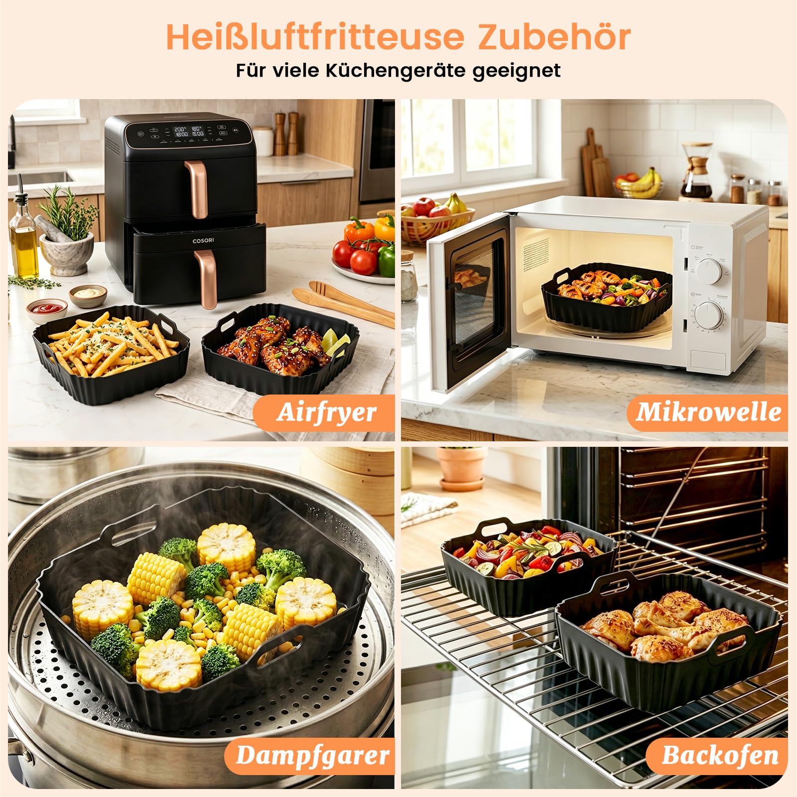 Heißluftfritteuse Zubehör für COSORI Airfryer Turbo Tower Compact 8.6L | Silikonform Heißluftfritteuse Zubehör Set Wiederverwendba Auflaufform Einsatz für COSORI DC861 Heißluftfritteuse 2 Kammern