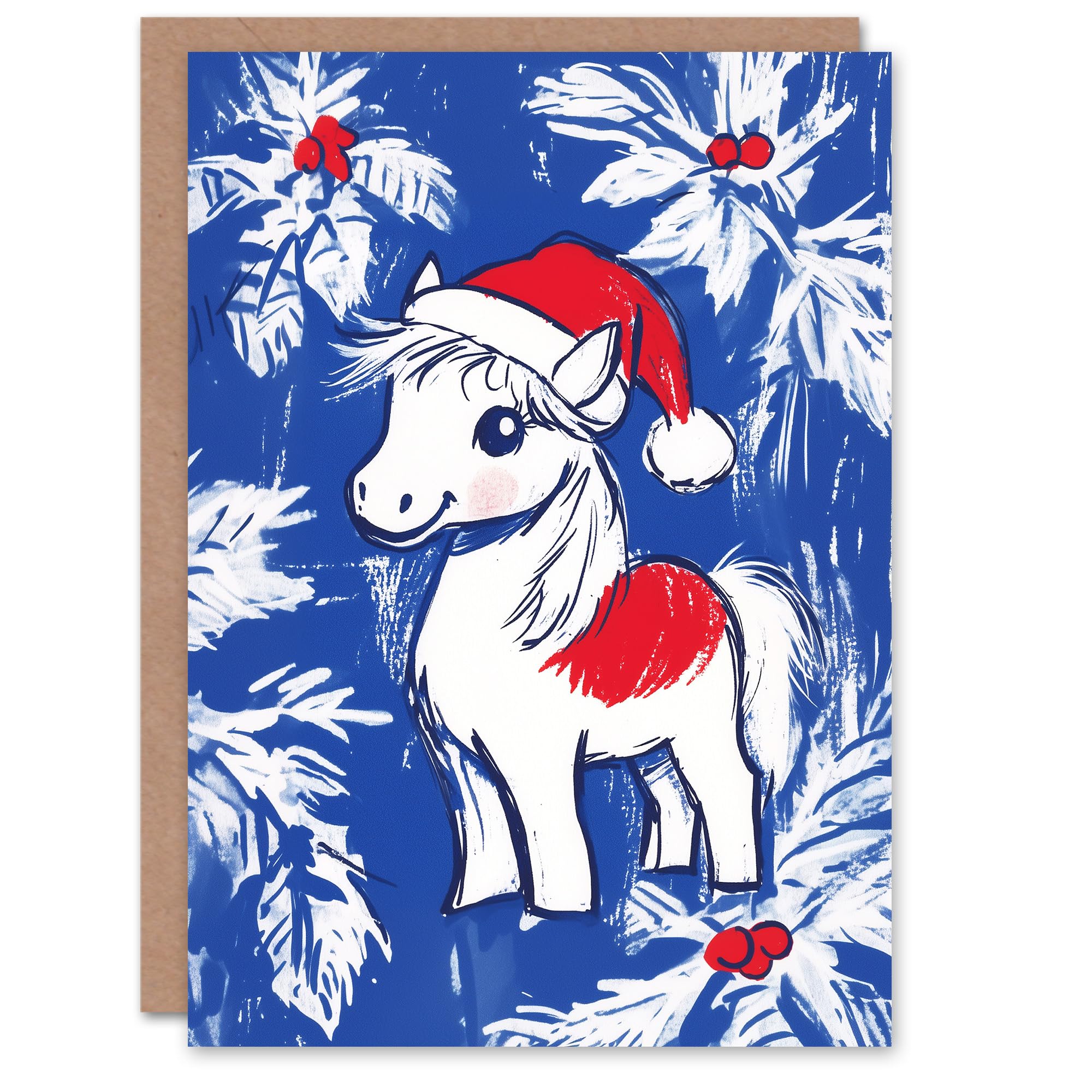 Artery8 Cute Shetland Pony Santa Hat Holly Blank For Him Or Her Art Xmas Festive Christmas Card