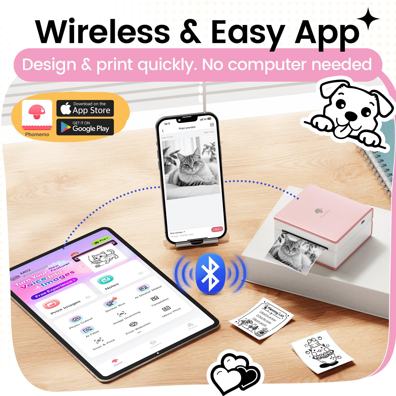 Phomemo M02 - Impresora portátil de Bolsillo - Mini Bluetooth inalámbrica con Etiqueta térmica Compatible con Android iOS para Imprimir instantáneamente, Mini Asistente de Vida, Buen Regalo, Rosa