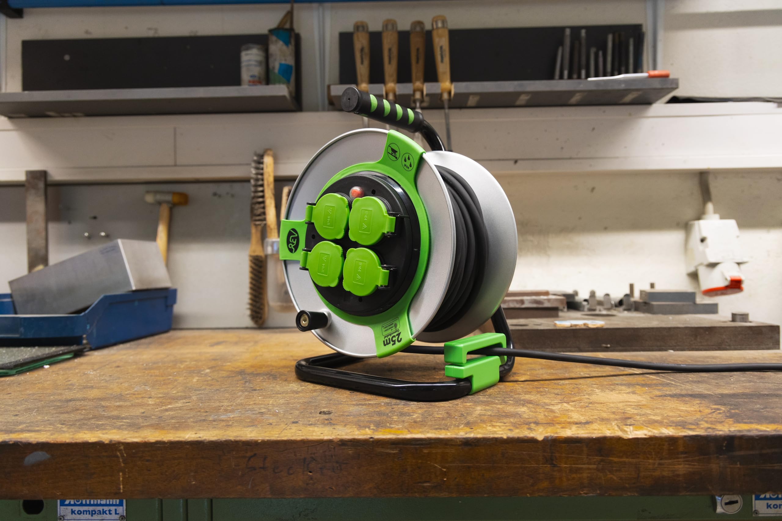 Rev Carrete de Cable EX, 25 m, H05RR, IP44, 3000 W, con Contacto abrasivo, Rollo de Cable para Exteriores, 4 enchufes, Color Verde