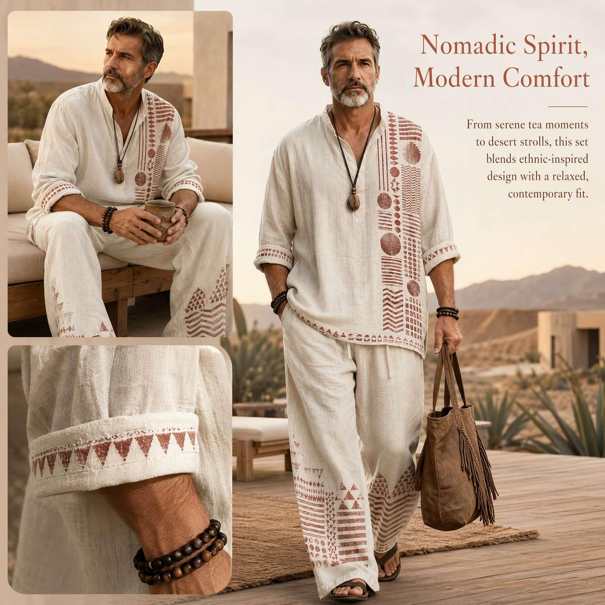 Abbigliamento Estivo Uomo Misto Lino 2 Pezzi Henley Traspirante Leggero | Pantaloni con Coulisse e Gamba Larga, Vestibilità Morbida e Fresca, Outfit Semplice ed Elegante da Giorno, Tessuto di Qualità
