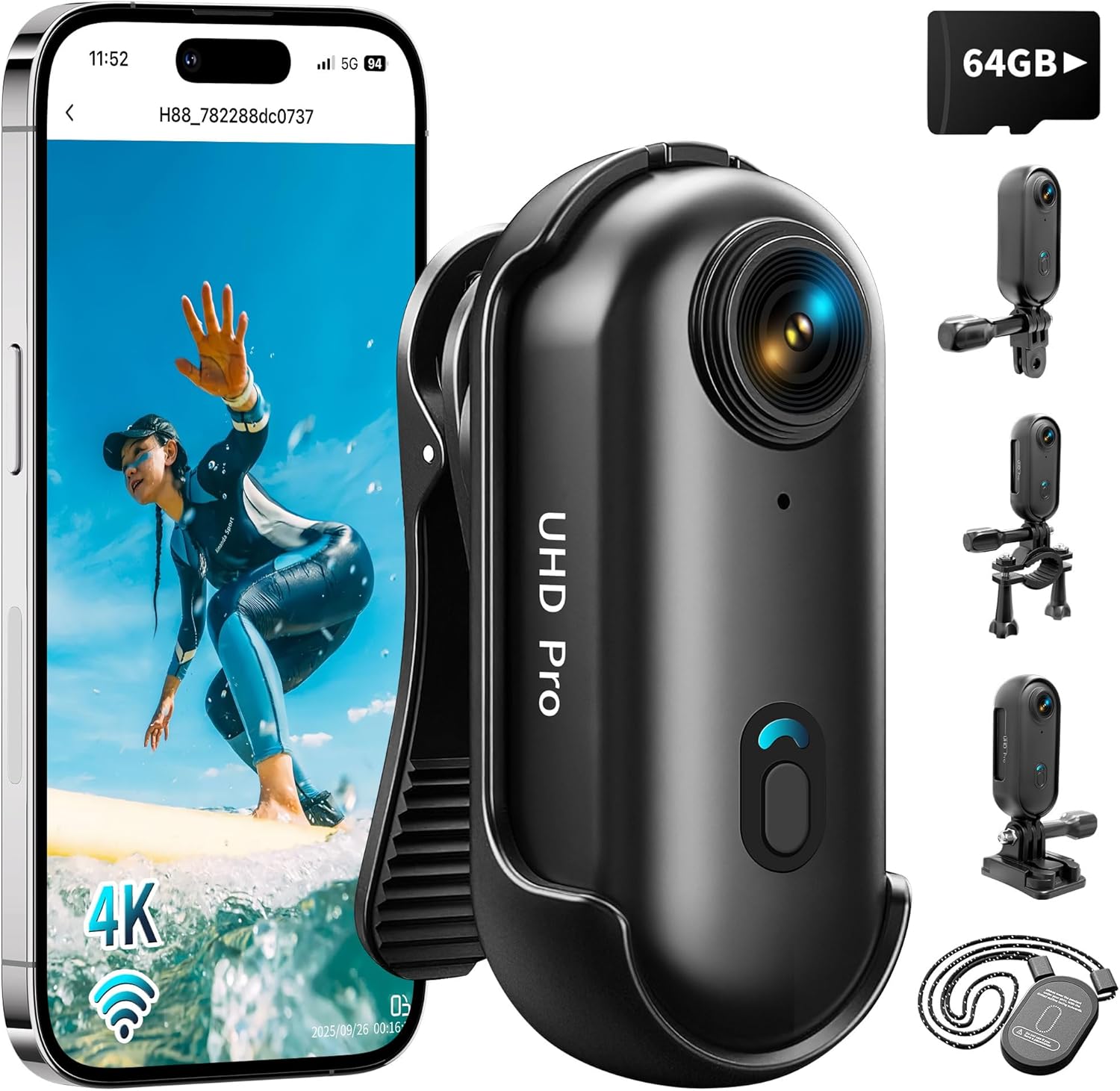 4K Action Camera, 64GB Wearable Sports Camera with Waterproof Case, Magnetic Clip, and Quick-Mount Accessories, Small Body Cam for Cycling, Diving, Travel, and Outdoor Adventures（4K-64G）