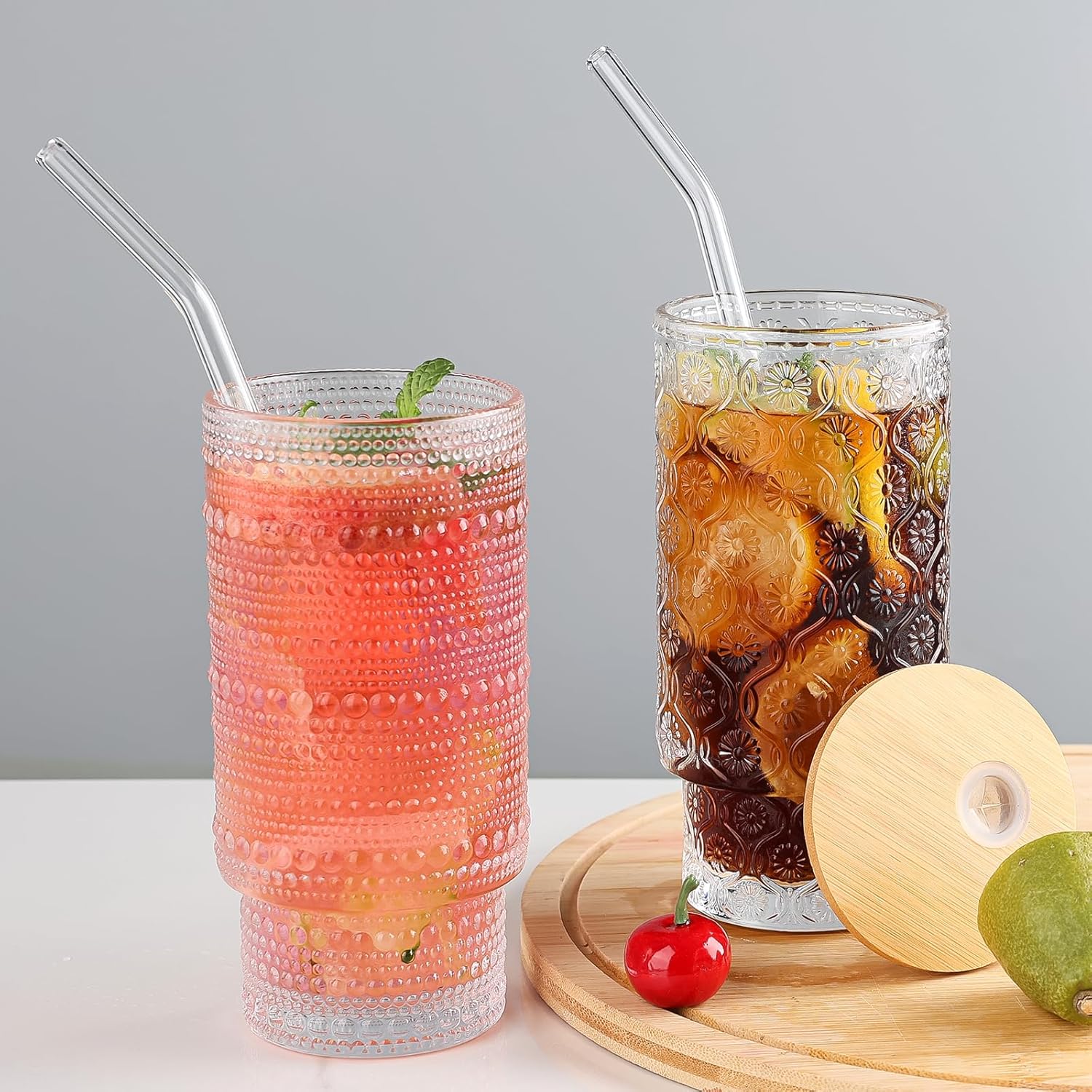 16oz Glass Cups with Lids and Straws, 6 Pack Vintage Drinking Glasses Tumblers Polka Dot Iced Coffee Cups for Kitchen, Home, Office, Gifts - Image 3