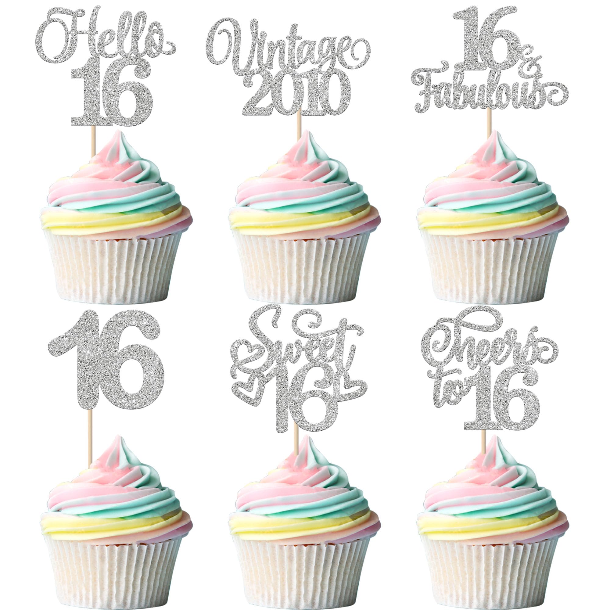 Xsstarmi 24 Pack Vintage 2010 Cupcake Toppers Glitter Silver Heart Hello Sixteen Sweet 16 Cupcake Picks Cheers to 16 Years Cake Decorations for Happy 16th Birthday Anniversary Party Supplies