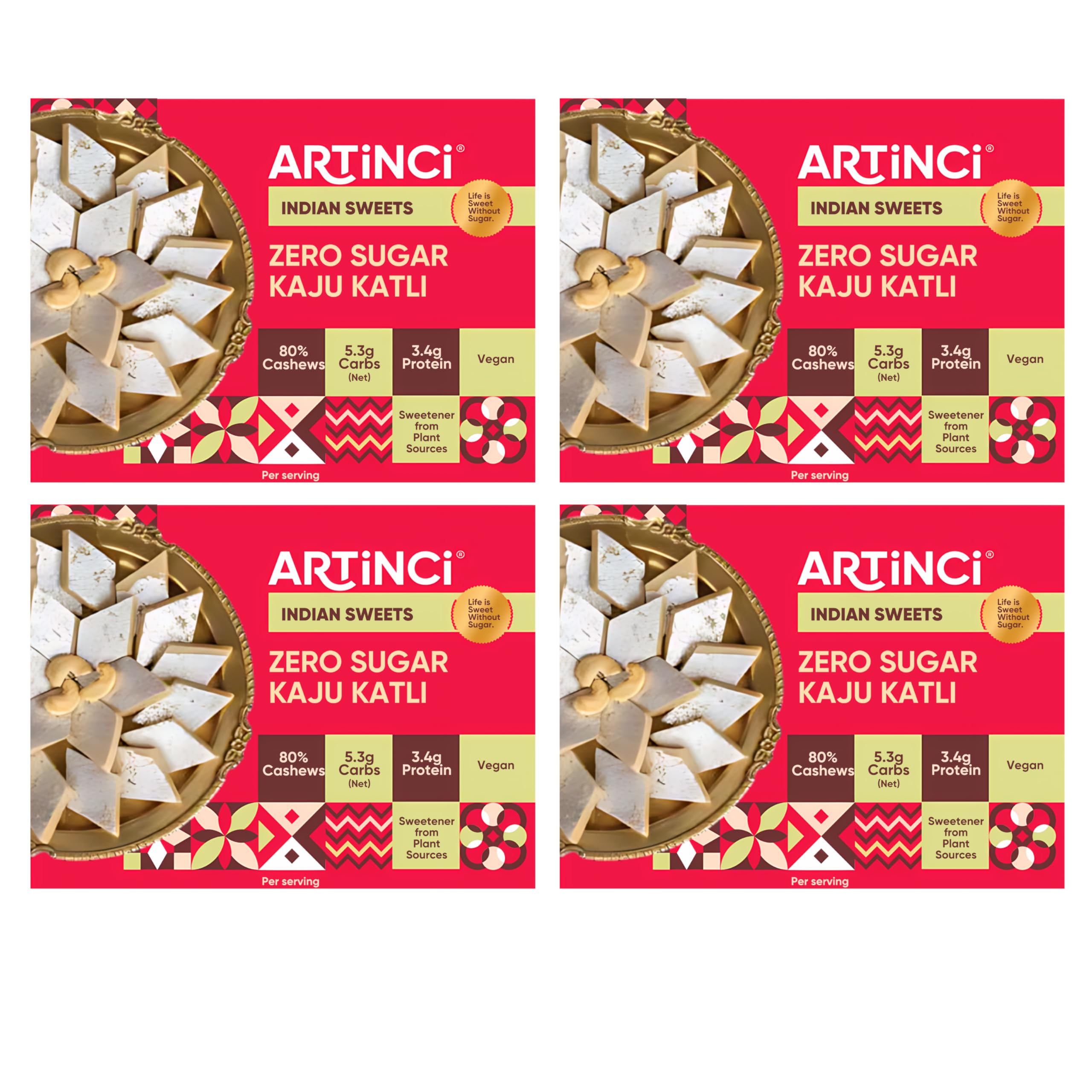 Artinci Sugar Free Kaju Katli | Low Carb | Low GI | No Added Sugar | Made with Pure Kaju (200gm) (Pack of 4)