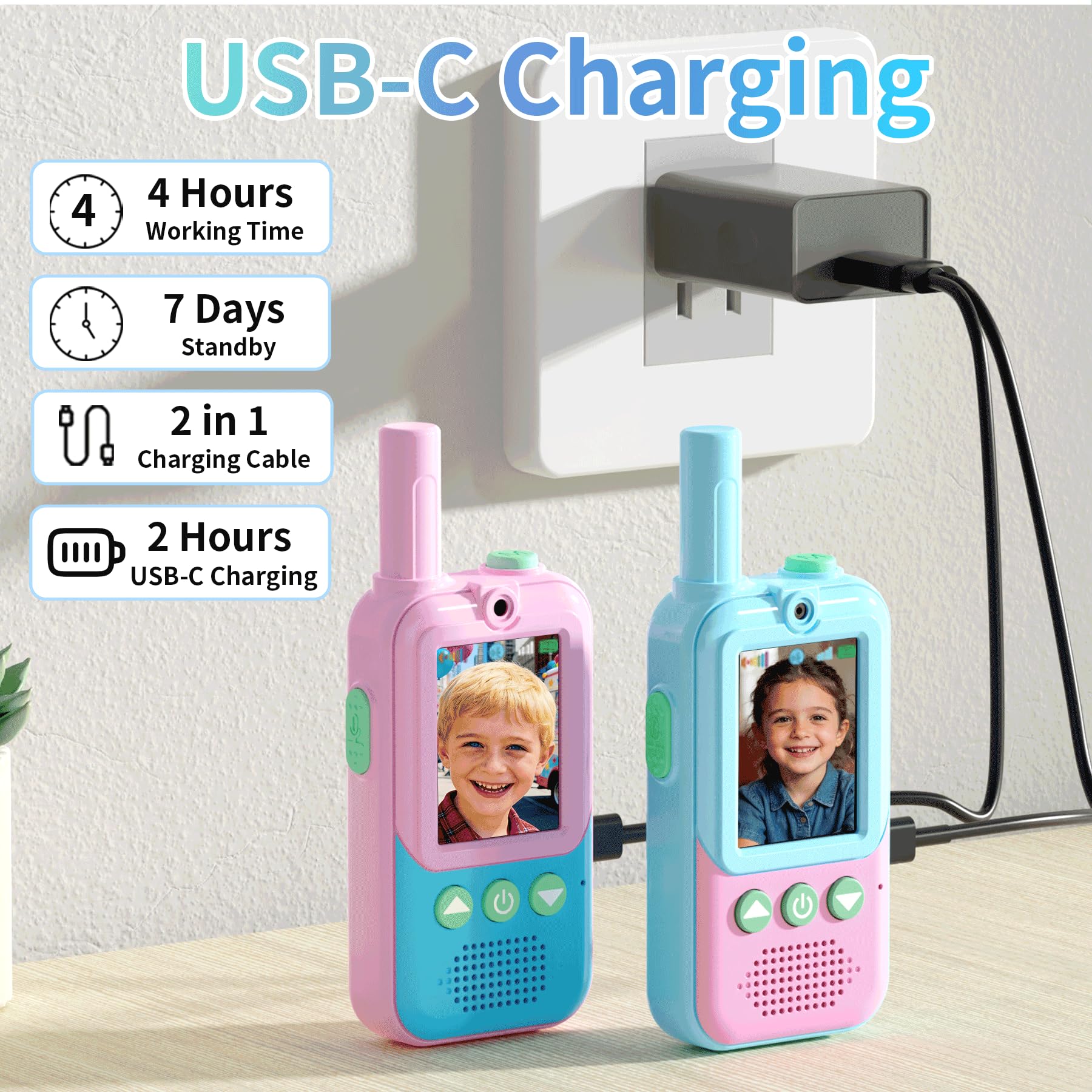 Video Walkie Talkie Kinder 2er Set,Kinder Walkie Talkies mit 4 Stimmeffekten&HD-Kamera,Walky Talky Kinder Aufladbar mit Weihnachten Geschenk Spielzeug3-12Jahren (Rosa-Blau)
