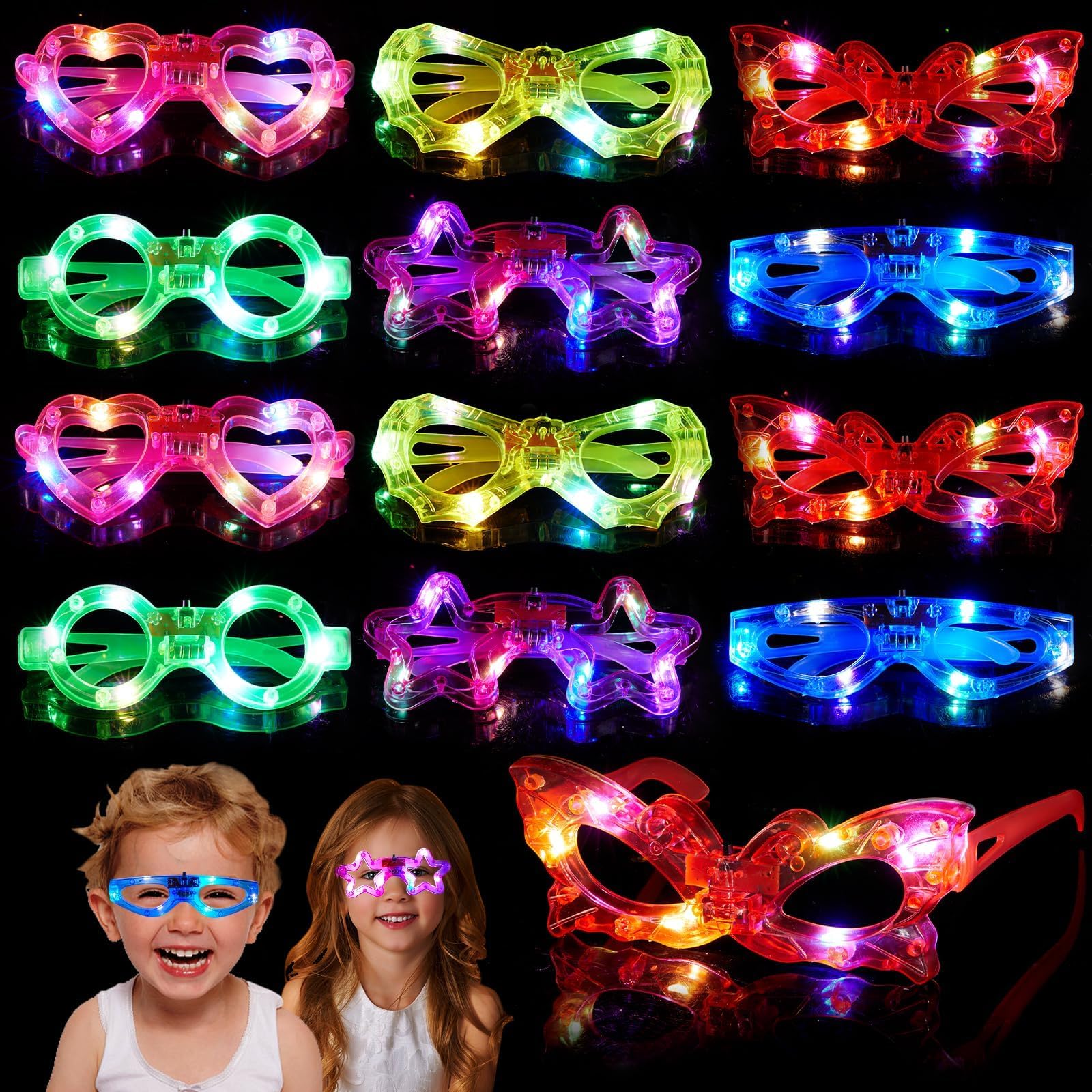12Pcs Light Up Glasses Colourful Rave Glasses for Party Bag Fillers,Glow in the Dark fit Holiday Birthday Christmas Gifts for Kids Teens