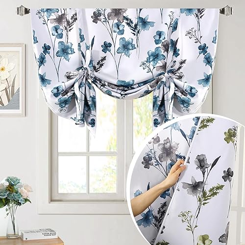Vista 9 de H.VERSAILTEX Cattleya - Cortinas reversibles con estampado floral y bolsillo para barra para ventana pequeña, reversible en azul/oliva, 42 pulgadas