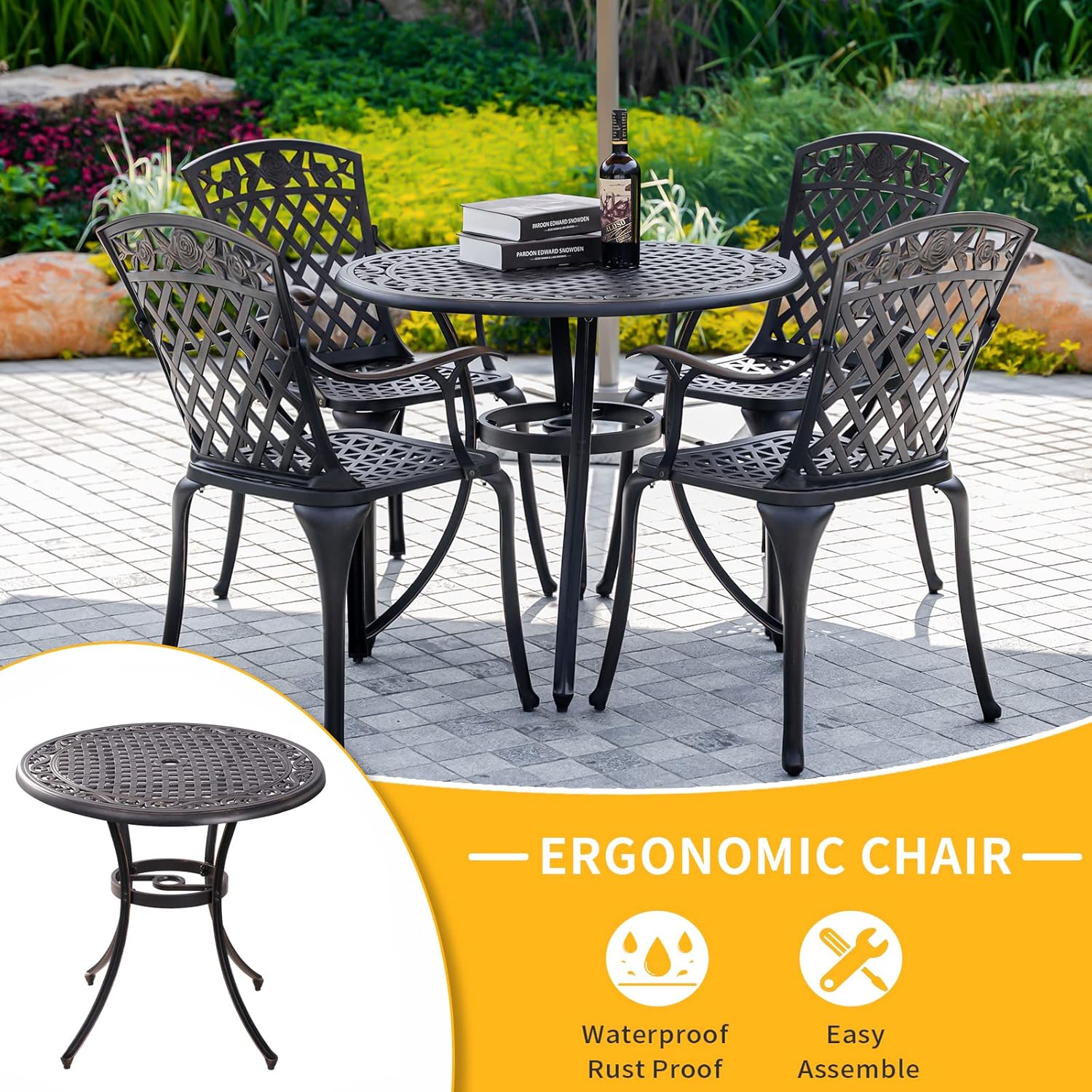 Bronze Round Cast Aluminum Patio Bistro Table with Umbrella Hole