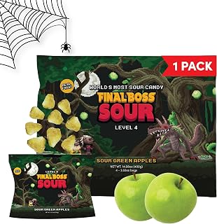 Final Boss Halloween Sour Candy, Green Apple, 1 Pack, Level 4, Extreme Sour Fruit Chews with Real Dried Fruit, No Artificial Colors or Flavors, Low Calorie Snack for Kids, Teens, Adults, Lunch Boxes