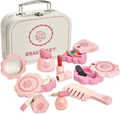 Juego de belleza de juguete de madera – Kit de 10 piezas – Juego de salón para niñas con maquillaje, cepillo, espejo y estuche de cosméticos –