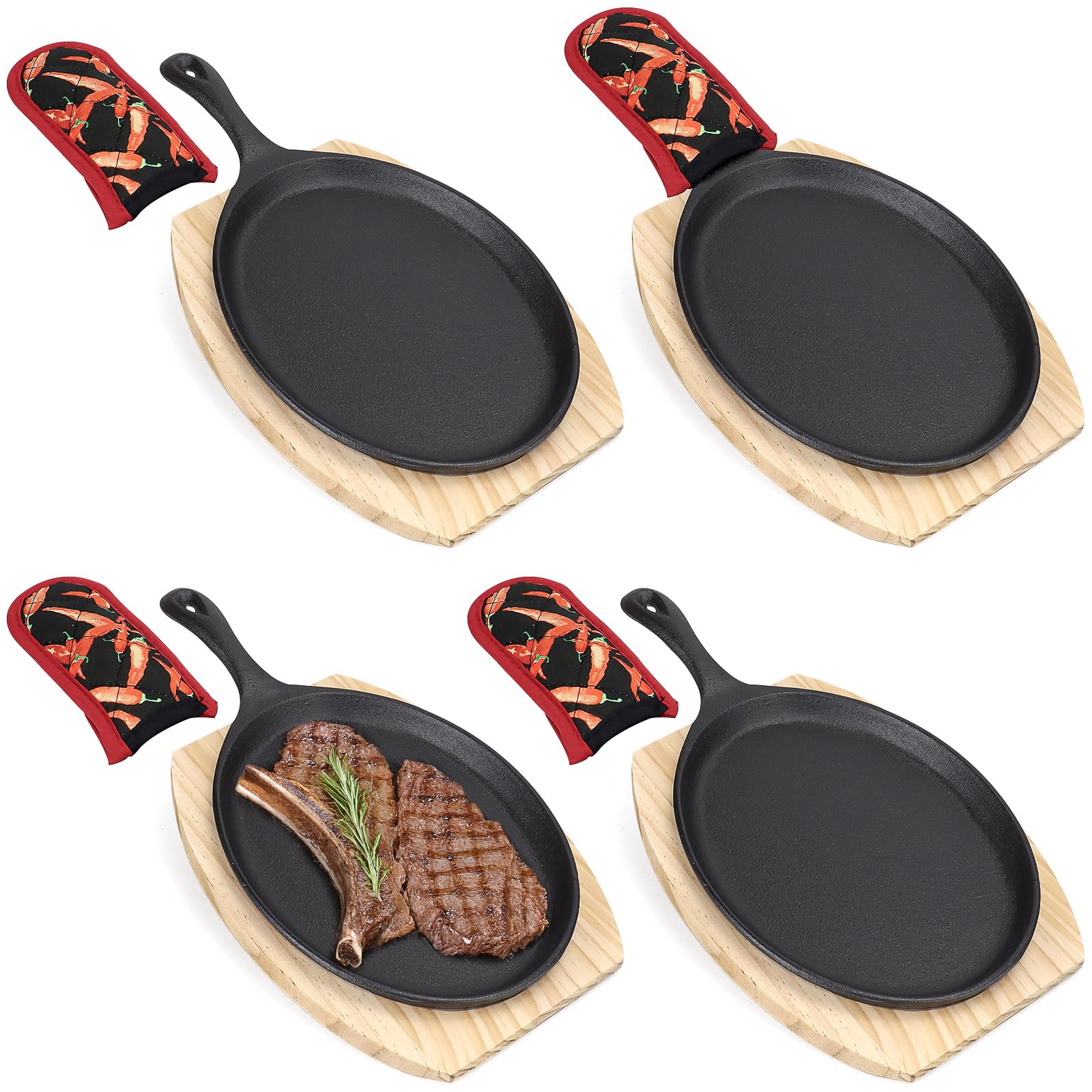 4er Set Servierpfannen Set aus Gusseisen, 37cm Ovale Grillpfanne Gusseisen mit Holzuntersetzern und Griffschutz, Fajita Pfannen für Induktion Backofen Grill