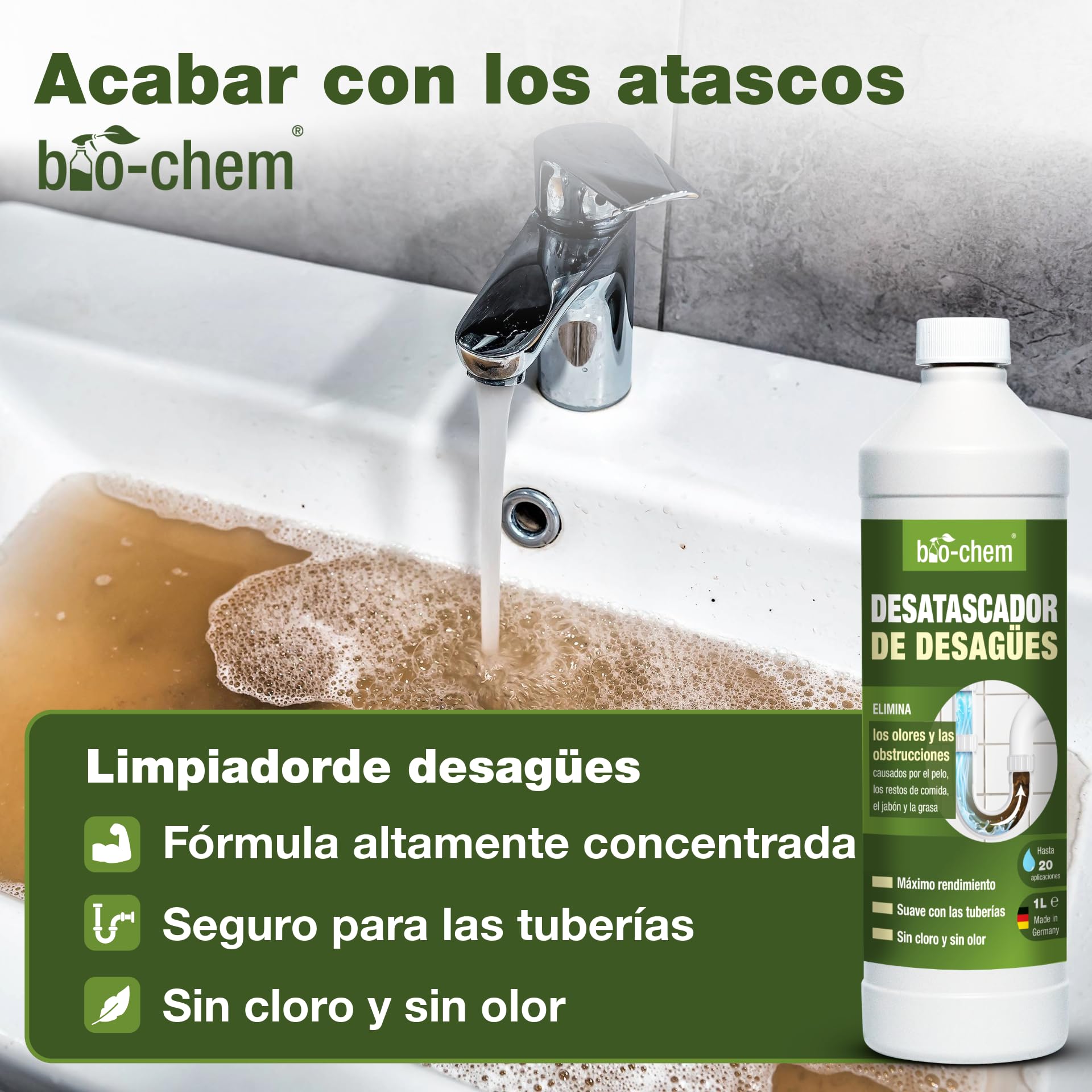 Bio-Chem - Detergentes baño - Desatascador de desagües 1 l - Limpiador de cal y orina 1 l - Producto para superficies de baño 750 ml – Basic Set 3 productos