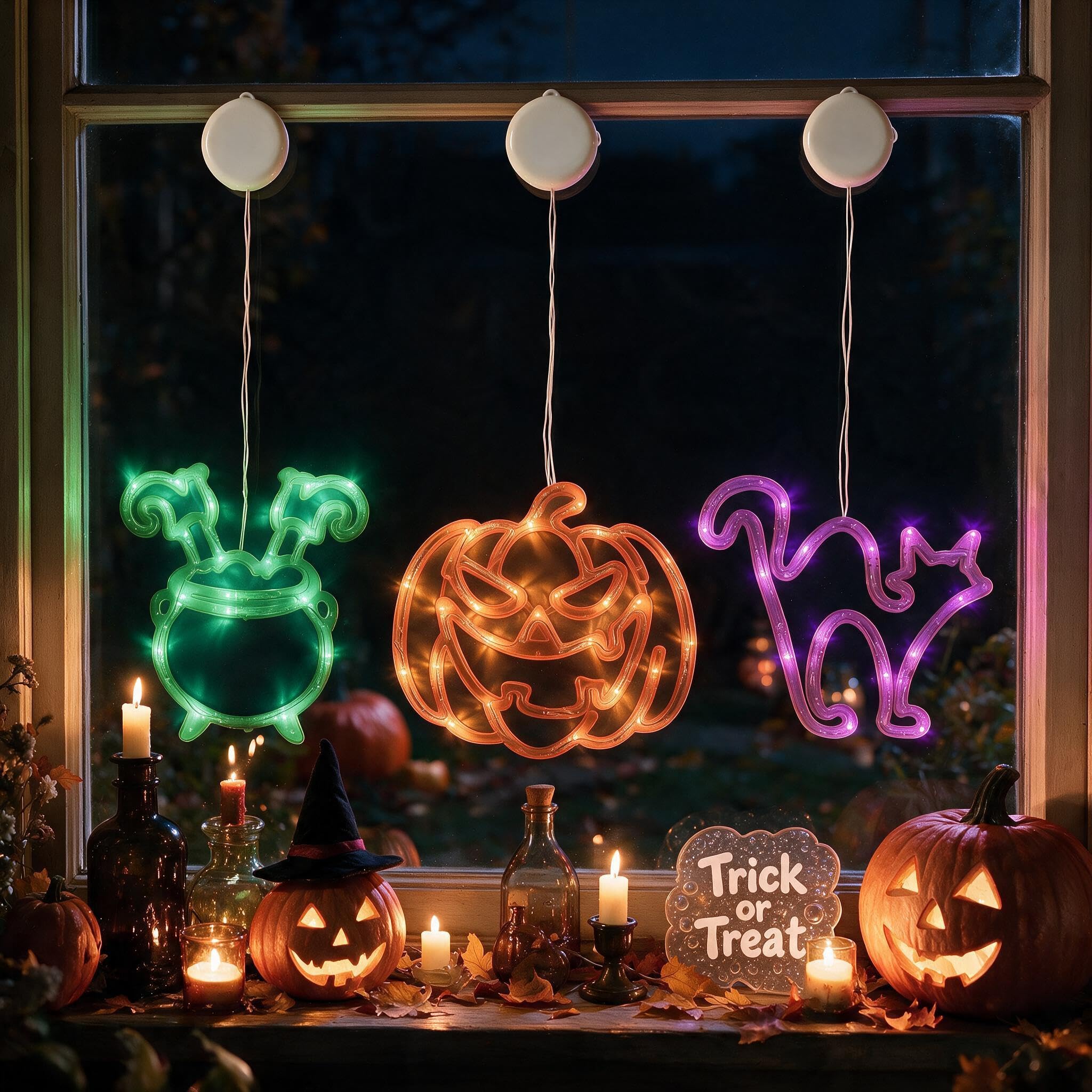 CNMTTCO Halloween Window Lights with Timer, Battery Operated Halloween Window Decorations with 2 Lighting Modes, Orange Pumpkin, Green Witch's Cauldron & Purple Spooky Cat LED Lights with Suction Cups