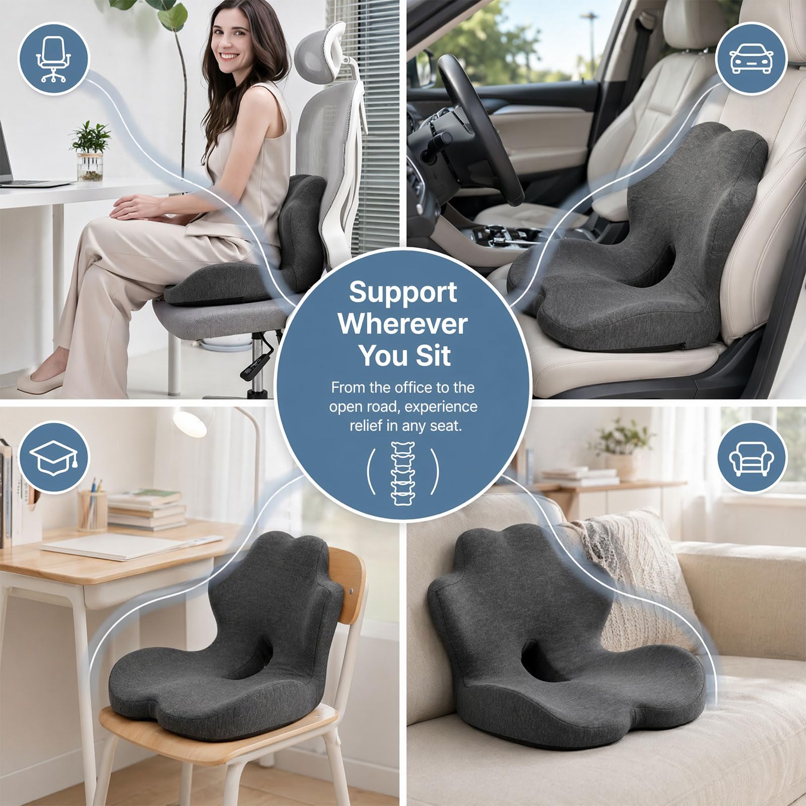 Cuscino per sedile in memory foam, cuscino 2 in 1 per sedile e supporto lombare, cuscino ergonomico per auto, cuscino per il coccige, per dolore al coccige, per ufficio, casa, sedia a rotelle